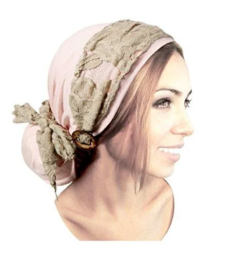 Pre-Tied Champagne Pink Head-scarf Boho Chic Head-Wrap Vintage Lace Handmade Coconut Buckles! (Champagne beige lace long)