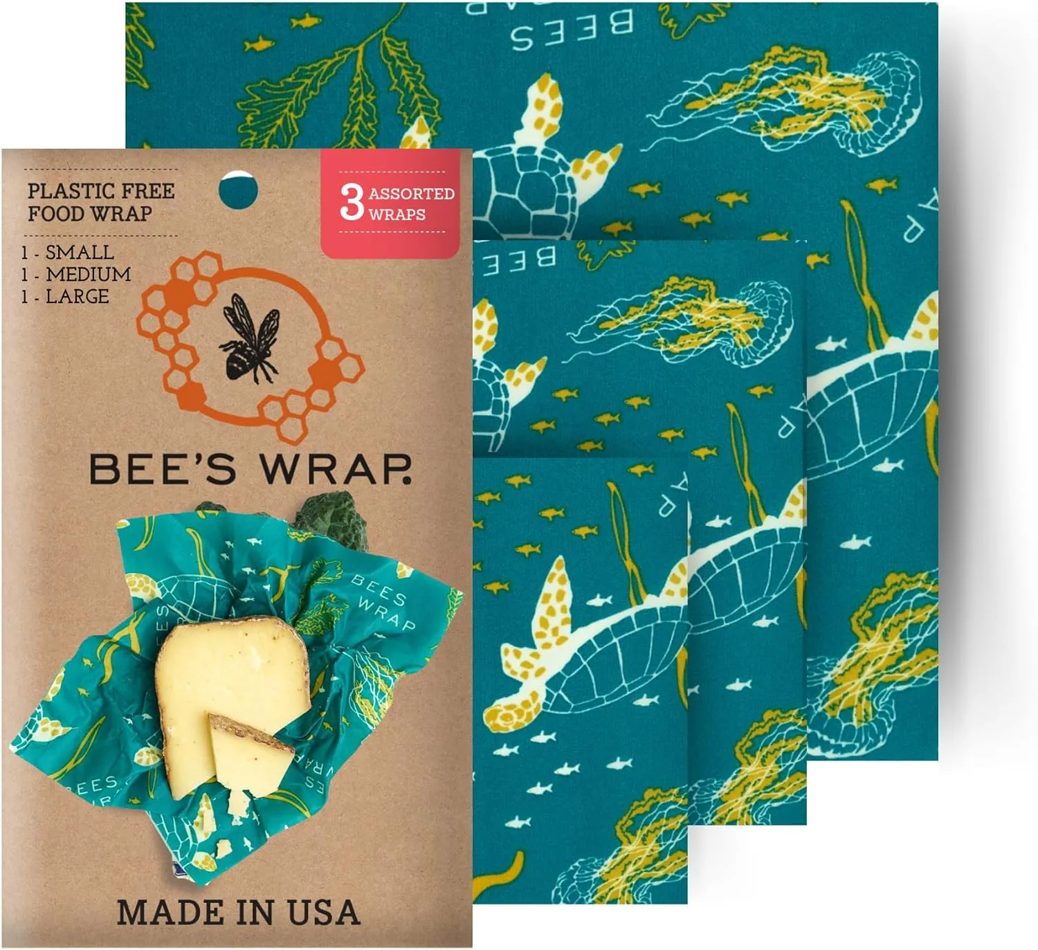 Reusable Beeswax Food Wraps Made in the USA, Eco Friendly Sustainable Organic, Assorted 3 Pack (S, M, L)