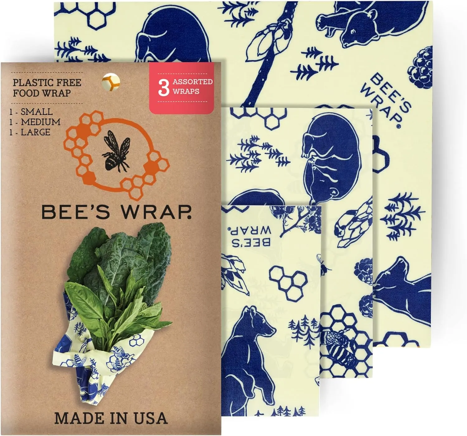 Reusable Beeswax Food Wraps Made in the USA, Eco Friendly Sustainable Organic, Assorted 3 Pack (S, M, L)