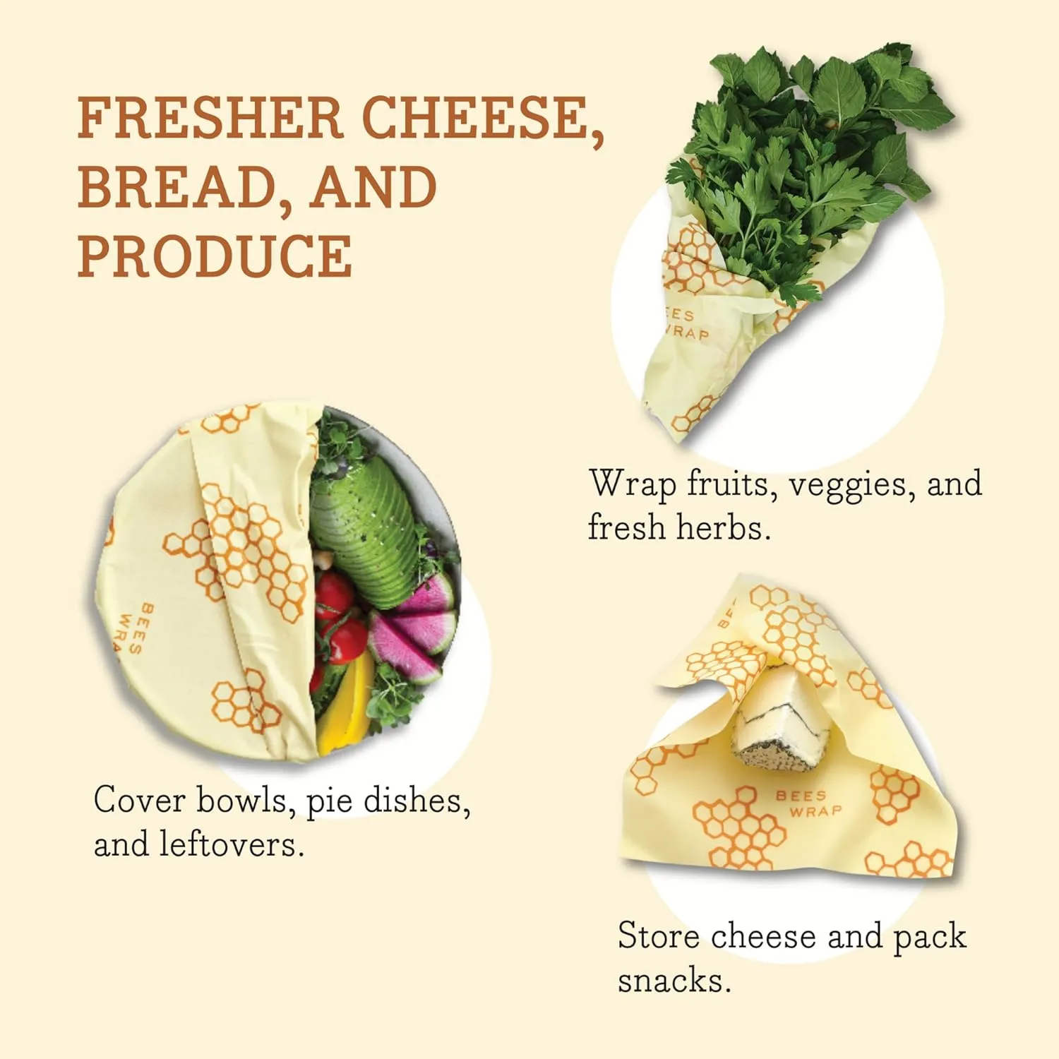 Reusable Beeswax Food Wraps Made in the USA, Eco Friendly Sustainable Organic, Assorted 3 Pack (S, M, L)