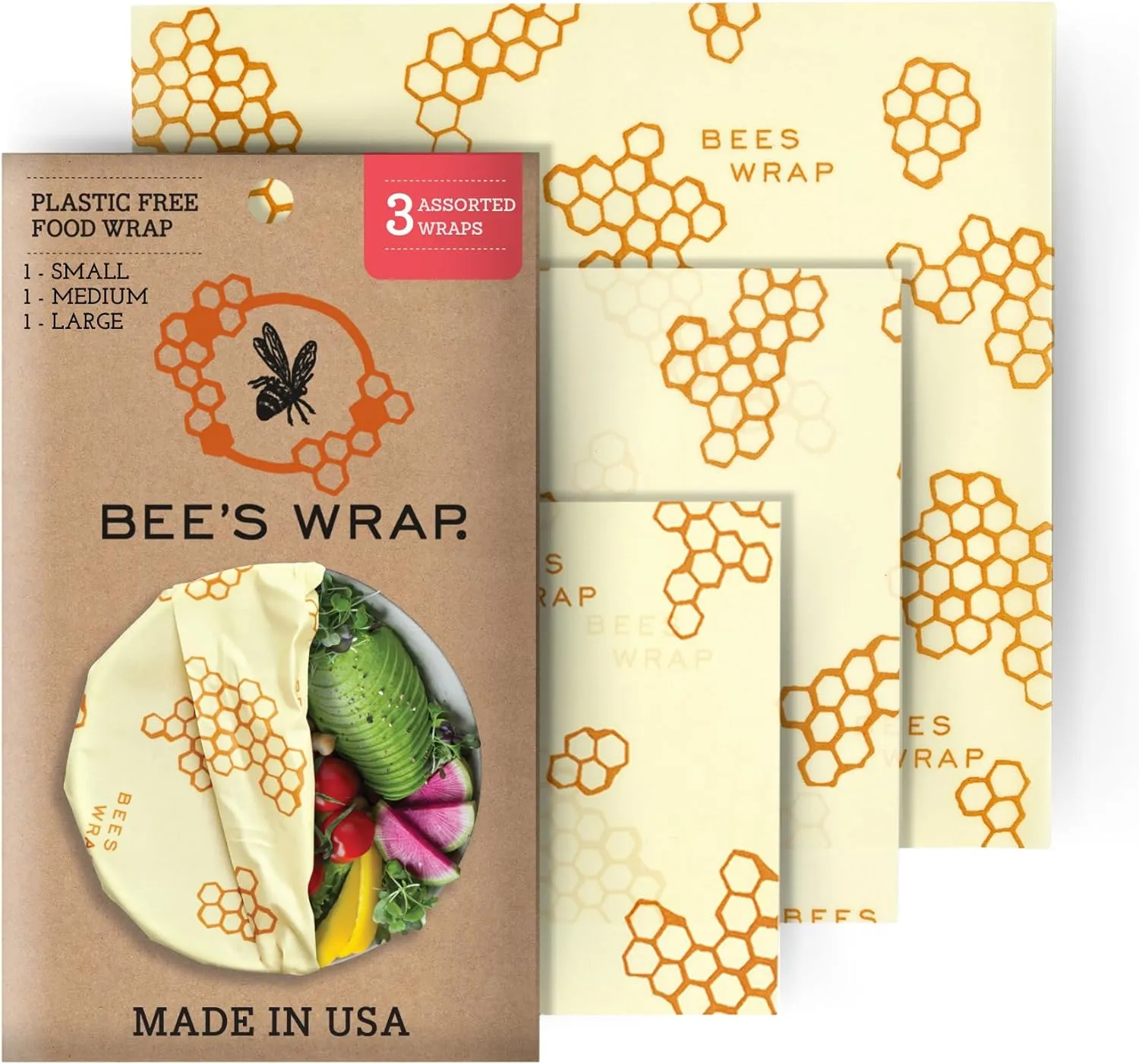 Reusable Beeswax Food Wraps Made in the USA, Eco Friendly Sustainable Organic, Assorted 3 Pack (S, M, L)