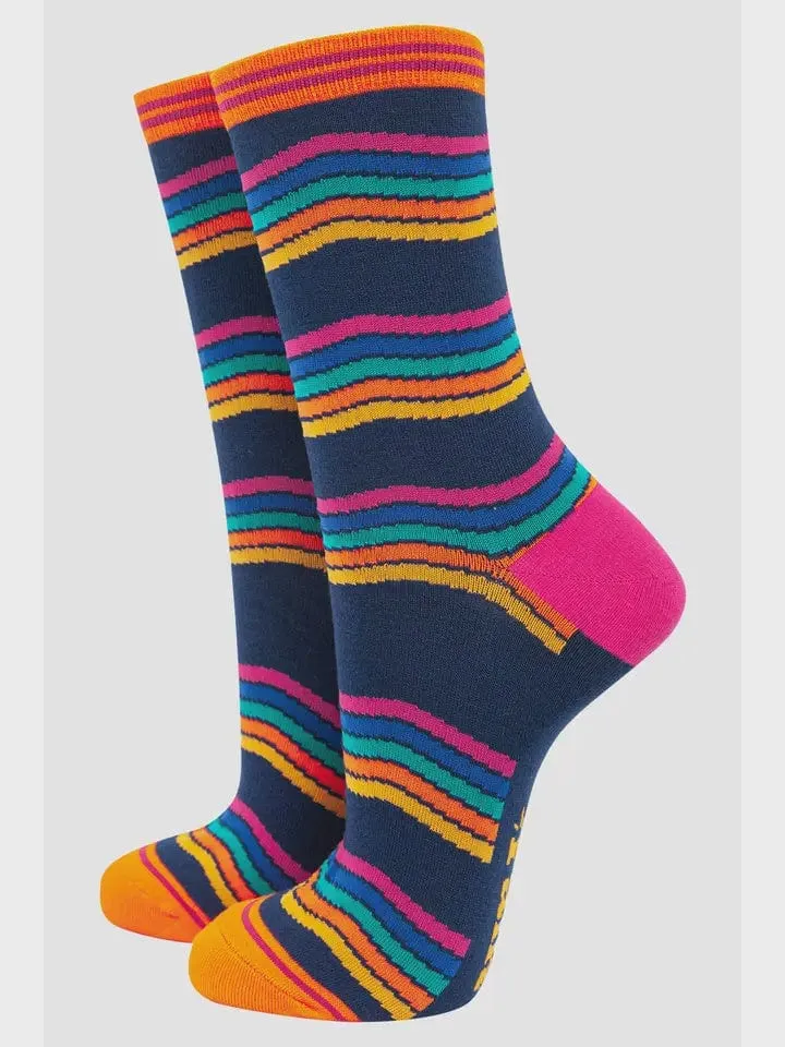 Sock Talk Bamboo Rainbow Stripe Socks in Navy Blue