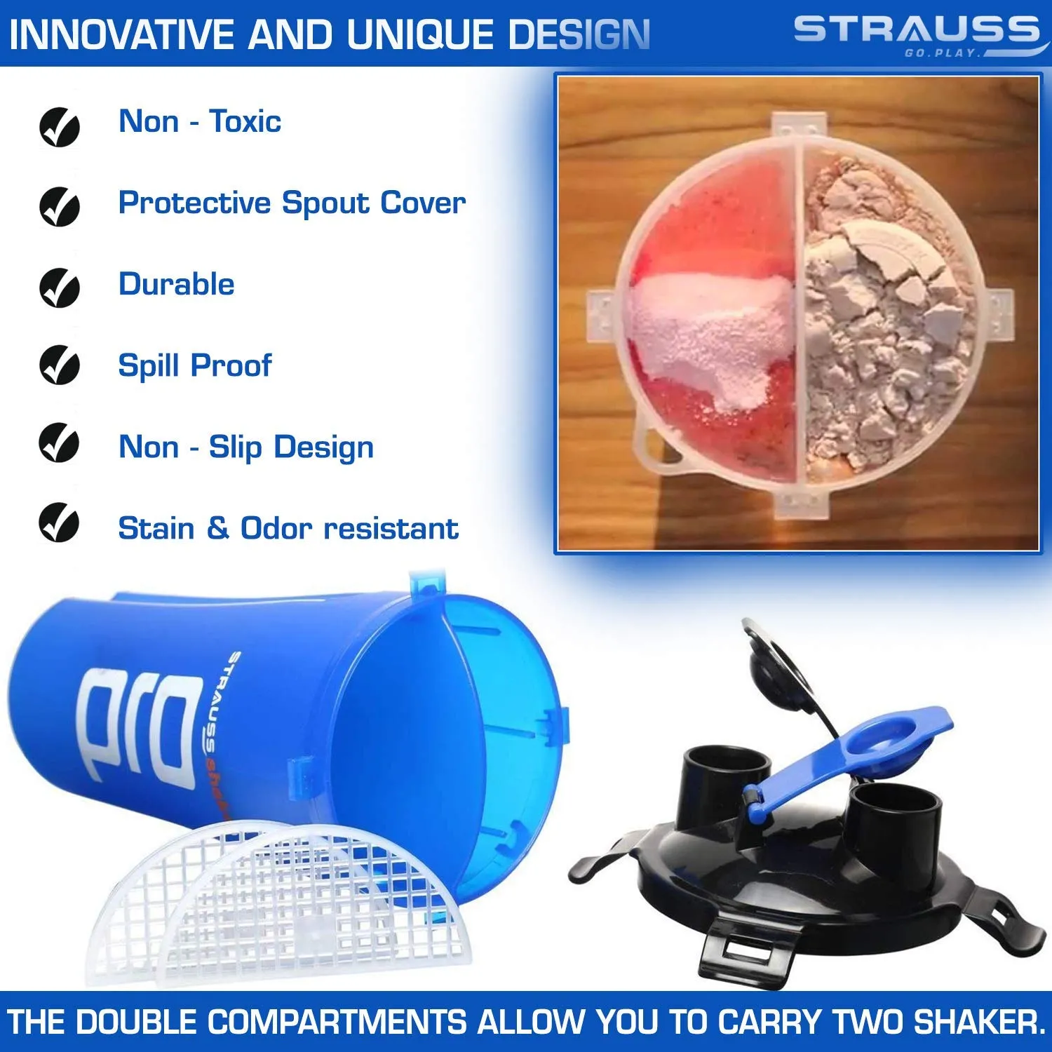 STRAUSS Dual Shaker Pro | Pre & Post Protein Shake On the Go | Leakproof and BPA-Free Material | Dual Shaker Bottle | Protein Shaker Bottle for Gym | Suitable for Both Men and Women, 700ml,(Blue)