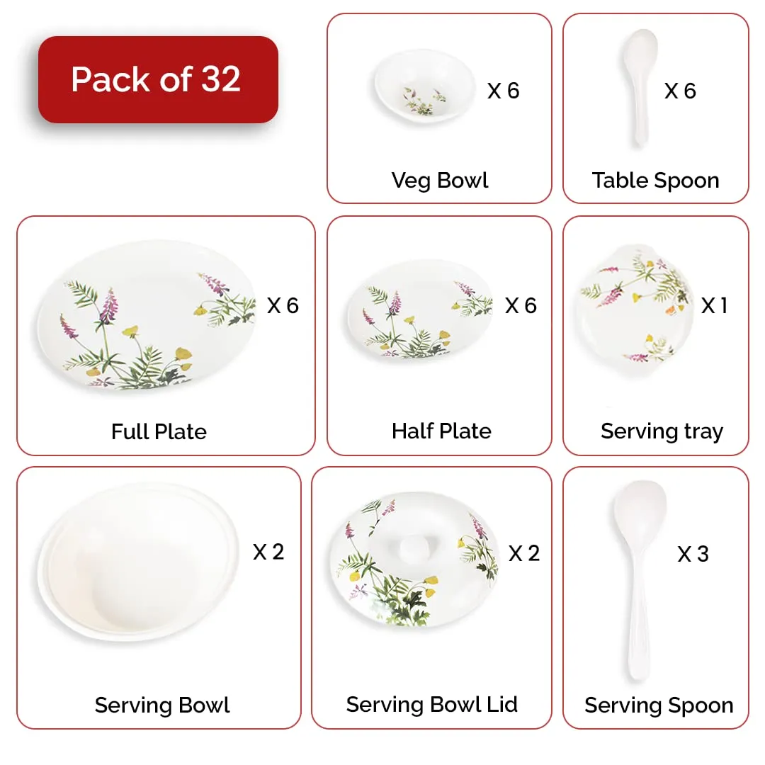 USHA SHRIRAM Dine Smart Melamine 32 Pieces Floral Dinner Set Heat-Resistant | Unbreakable & Durable | Shatter-Resistant | Light-Weight | Bpa Free (Lavender)