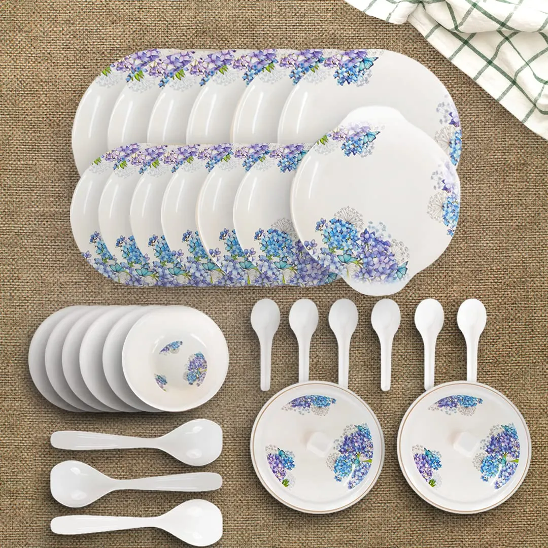 USHA SHRIRAM Dine Smart Melamine 32 Pieces Stylon Dinner Set Heat-Resistant | Durable | Shatter-Resistant | Light-Weight | BPA Free (Blue Vector Flower)