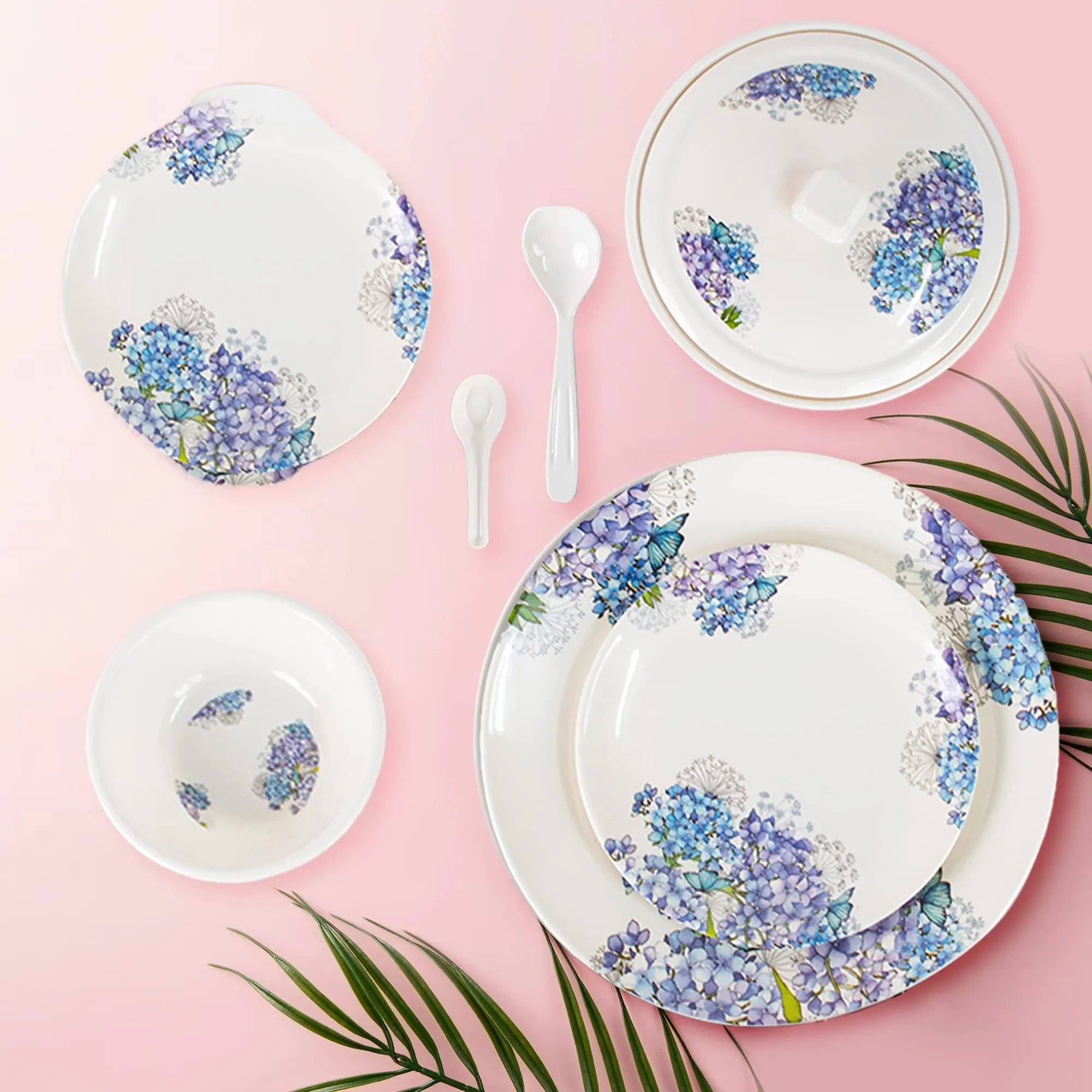 USHA SHRIRAM Dine Smart Melamine 32 Pieces Stylon Dinner Set Heat-Resistant | Durable | Shatter-Resistant | Light-Weight | BPA Free (Blue Vector Flower)