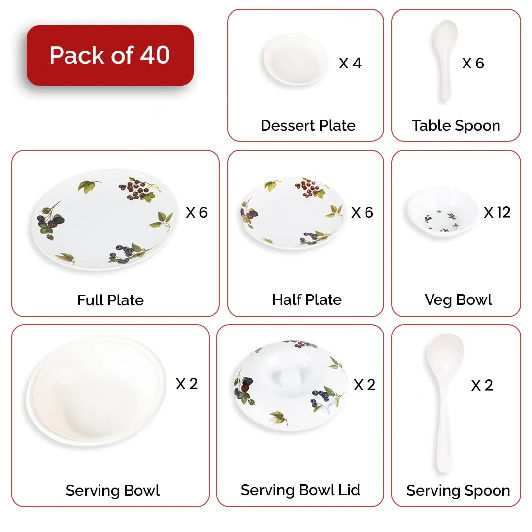 USHA SHRIRAM Dine Smart Melamine 40 Pieces Dinner Set Heat-Resistant | Durable | Shatter-Resistant | Light-Weight | Bpa Free (Lavender) Off-White, solid