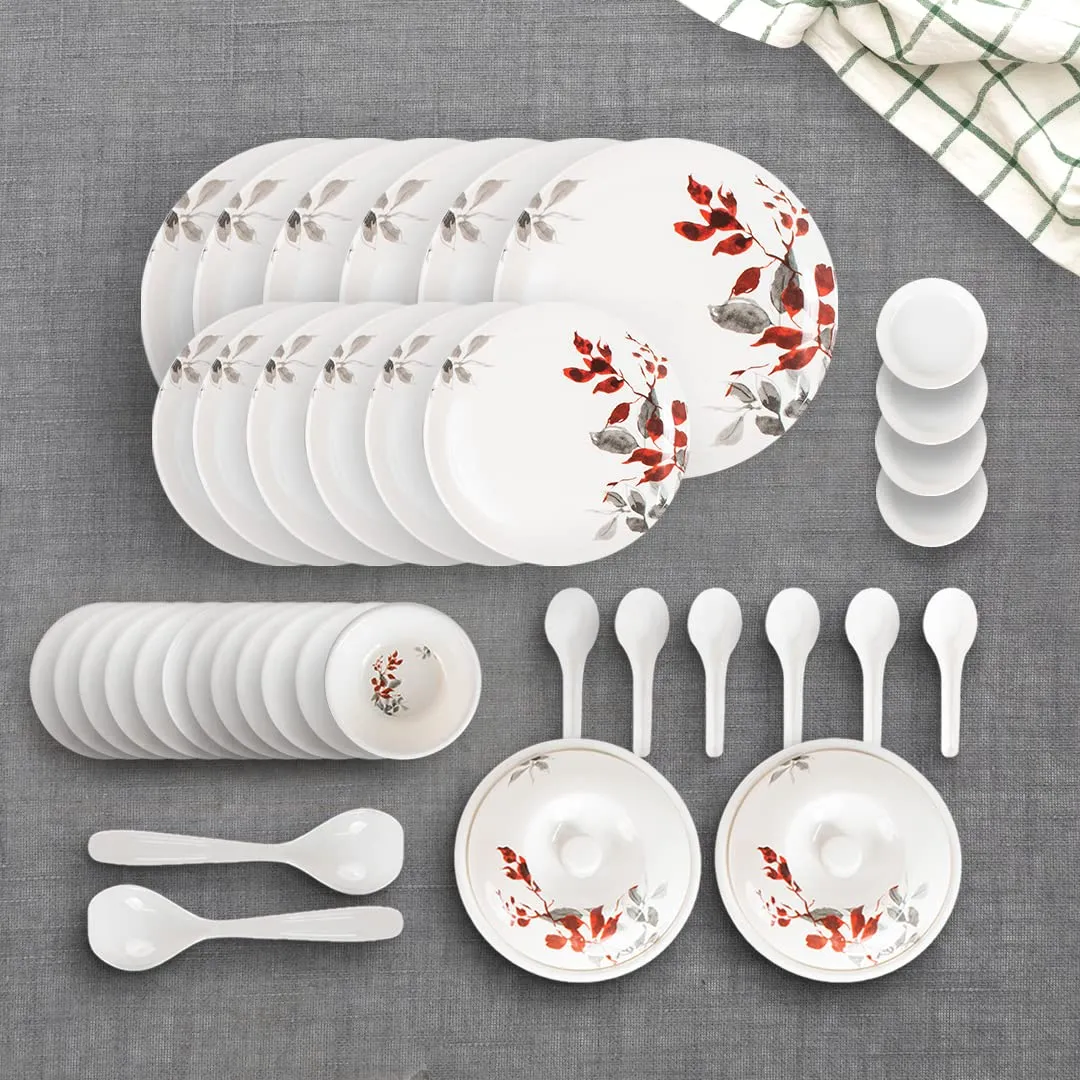 USHA SHRIRAM Dine Smart Melamine 40 Pieces Dinner Set Heat-Resistant | Durable | Shatter-Resistant | Light-Weight | BPA Free (Red Grey Leaf)