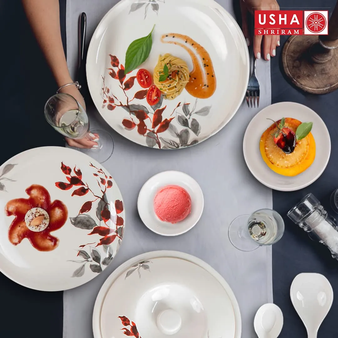 USHA SHRIRAM Dine Smart Melamine 40 Pieces Dinner Set Heat-Resistant | Durable | Shatter-Resistant | Light-Weight | BPA Free (Red Grey Leaf)