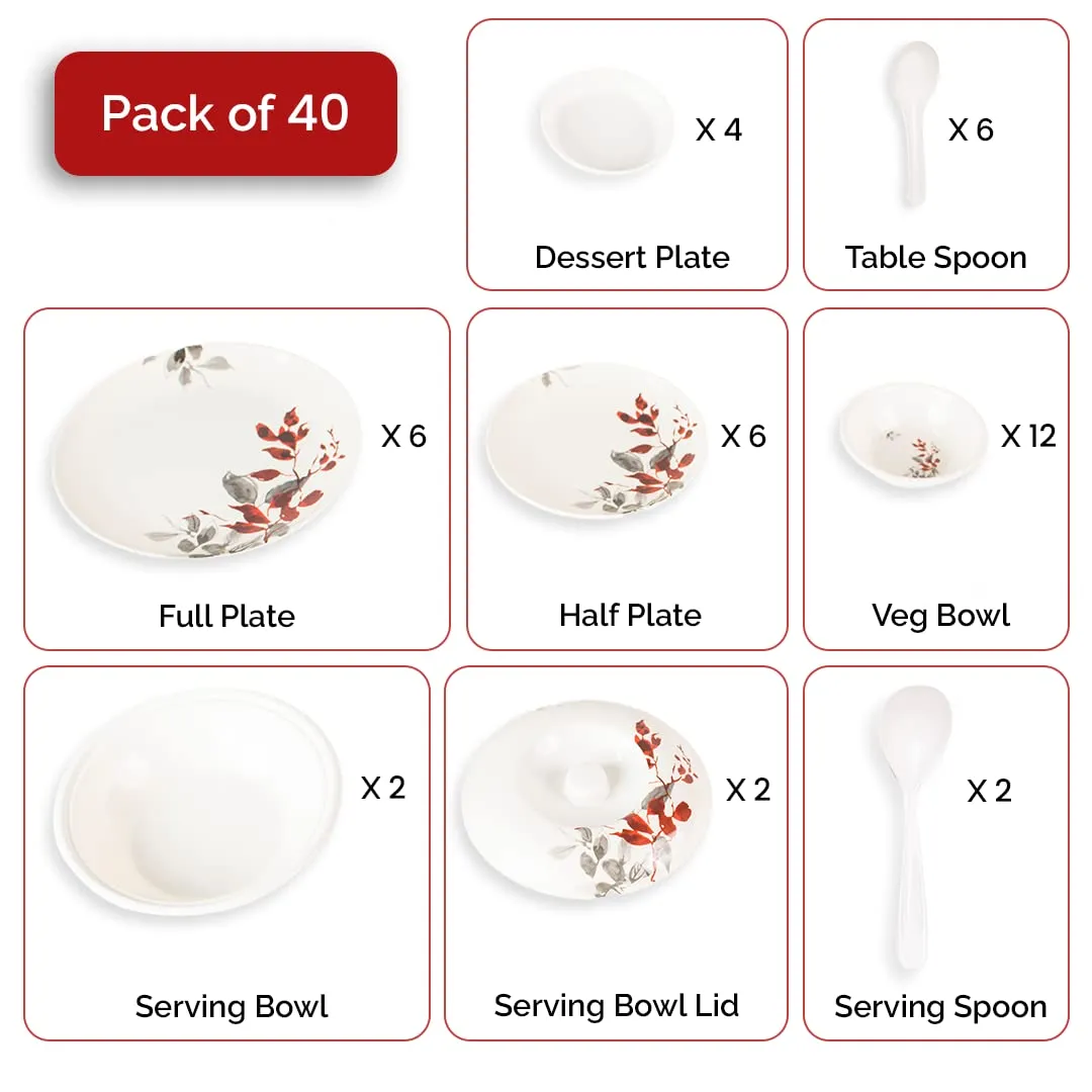 USHA SHRIRAM Dine Smart Melamine 40 Pieces Dinner Set Heat-Resistant | Durable | Shatter-Resistant | Light-Weight | BPA Free (Red Grey Leaf)