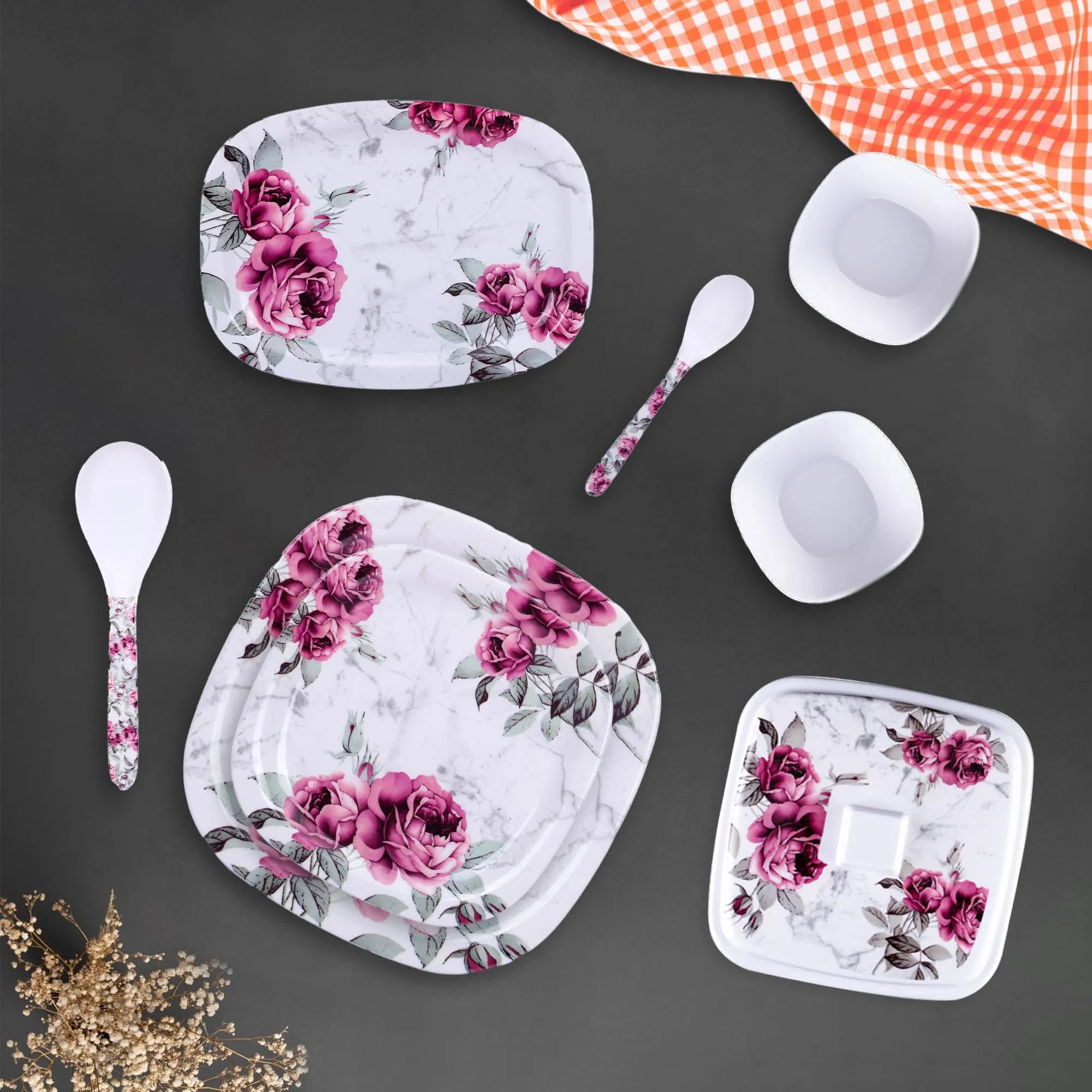 USHA SHRIRAM Dinner Set| 31 Piece |Fibre Dinner Set for Family |Melamine Set | Unbreakable | Heat Resistant| Durable| Shatter| Resistant| Light| Weight| BPA Free (Pink Marble)