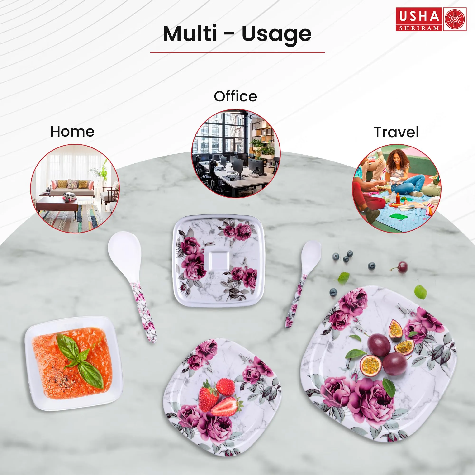 USHA SHRIRAM Dinner Set| 31 Piece |Fibre Dinner Set for Family |Melamine Set | Unbreakable | Heat Resistant| Durable| Shatter| Resistant| Light| Weight| BPA Free (Pink Marble)