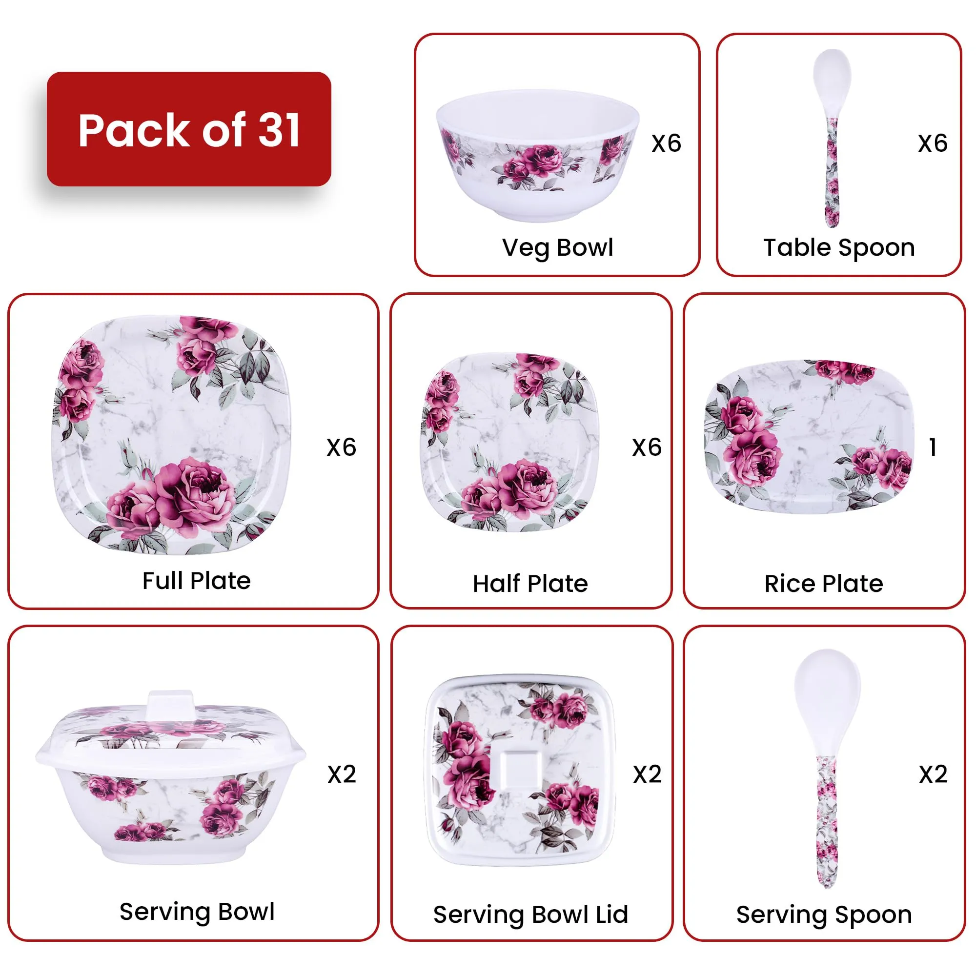 USHA SHRIRAM Dinner Set| 31 Piece |Fibre Dinner Set for Family |Melamine Set | Unbreakable | Heat Resistant| Durable| Shatter| Resistant| Light| Weight| BPA Free (Pink Marble)