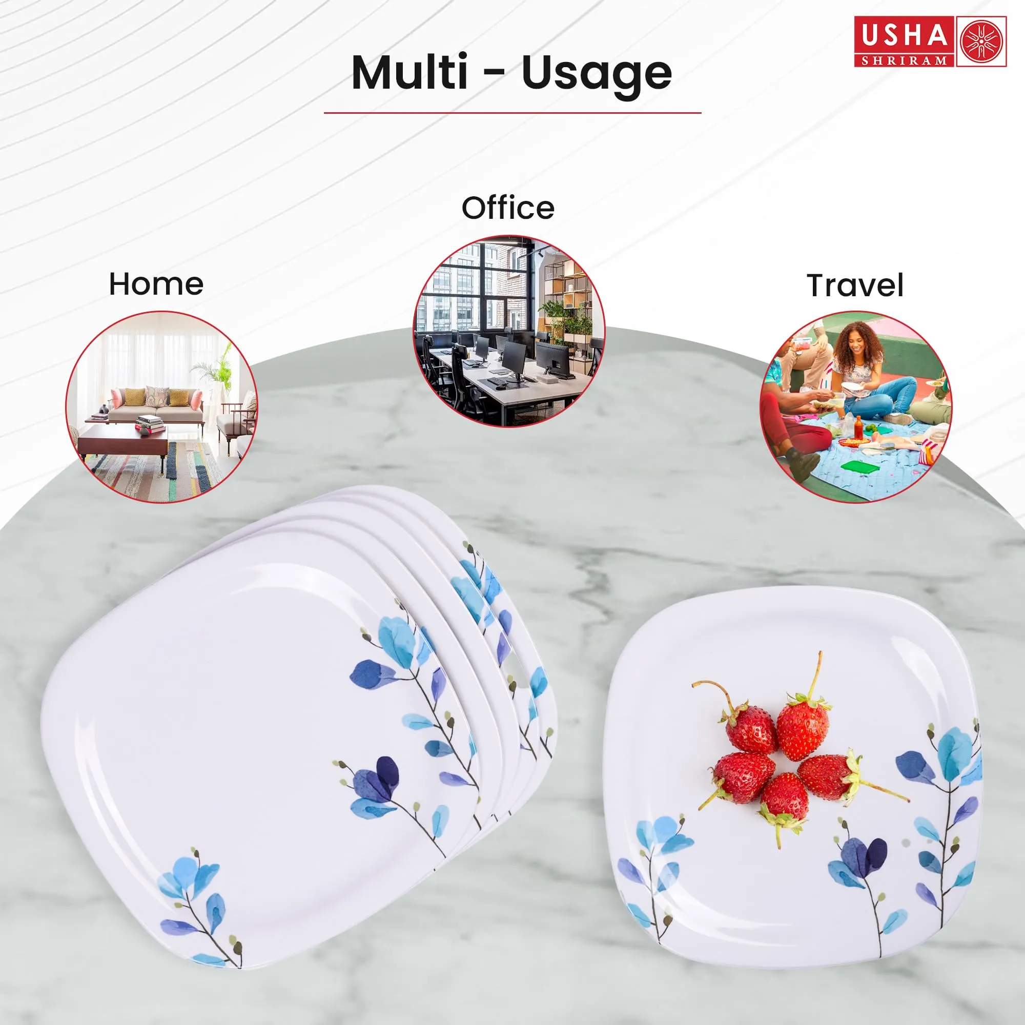 USHA SHRIRAM Melamine 12 Plate Set | Fibre Dinner Set for Family |Melamine Set | Unbreakable | Heat Resistant| Durable| Shatter Resistant| Light Weight| BPA Free (Square - Blue Flower)