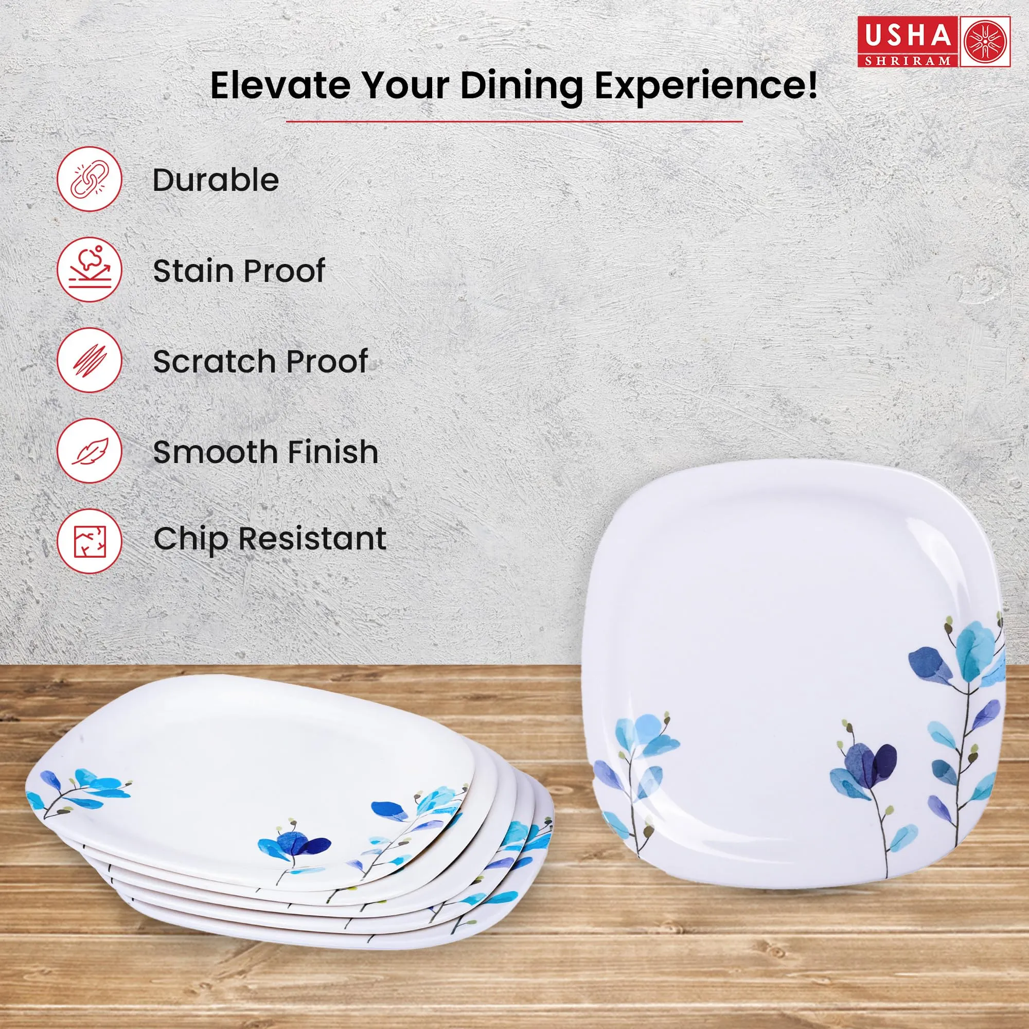 USHA SHRIRAM Melamine 12 Plate Set | Fibre Dinner Set for Family |Melamine Set | Unbreakable | Heat Resistant| Durable| Shatter Resistant| Light Weight| BPA Free (Square - Blue Flower)