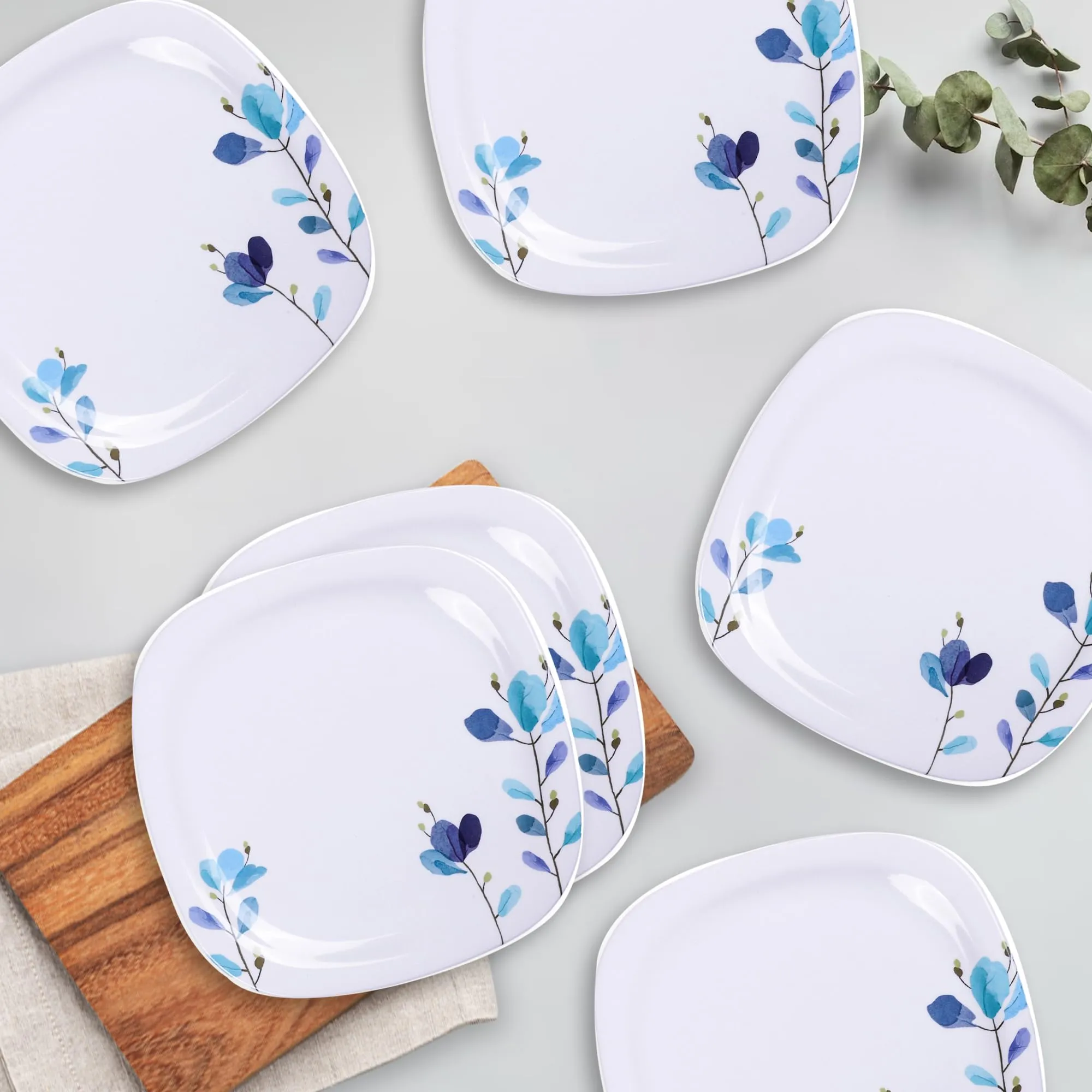 USHA SHRIRAM Melamine 12 Plate Set | Fibre Dinner Set for Family |Melamine Set | Unbreakable | Heat Resistant| Durable| Shatter Resistant| Light Weight| BPA Free (Square - Blue Flower)