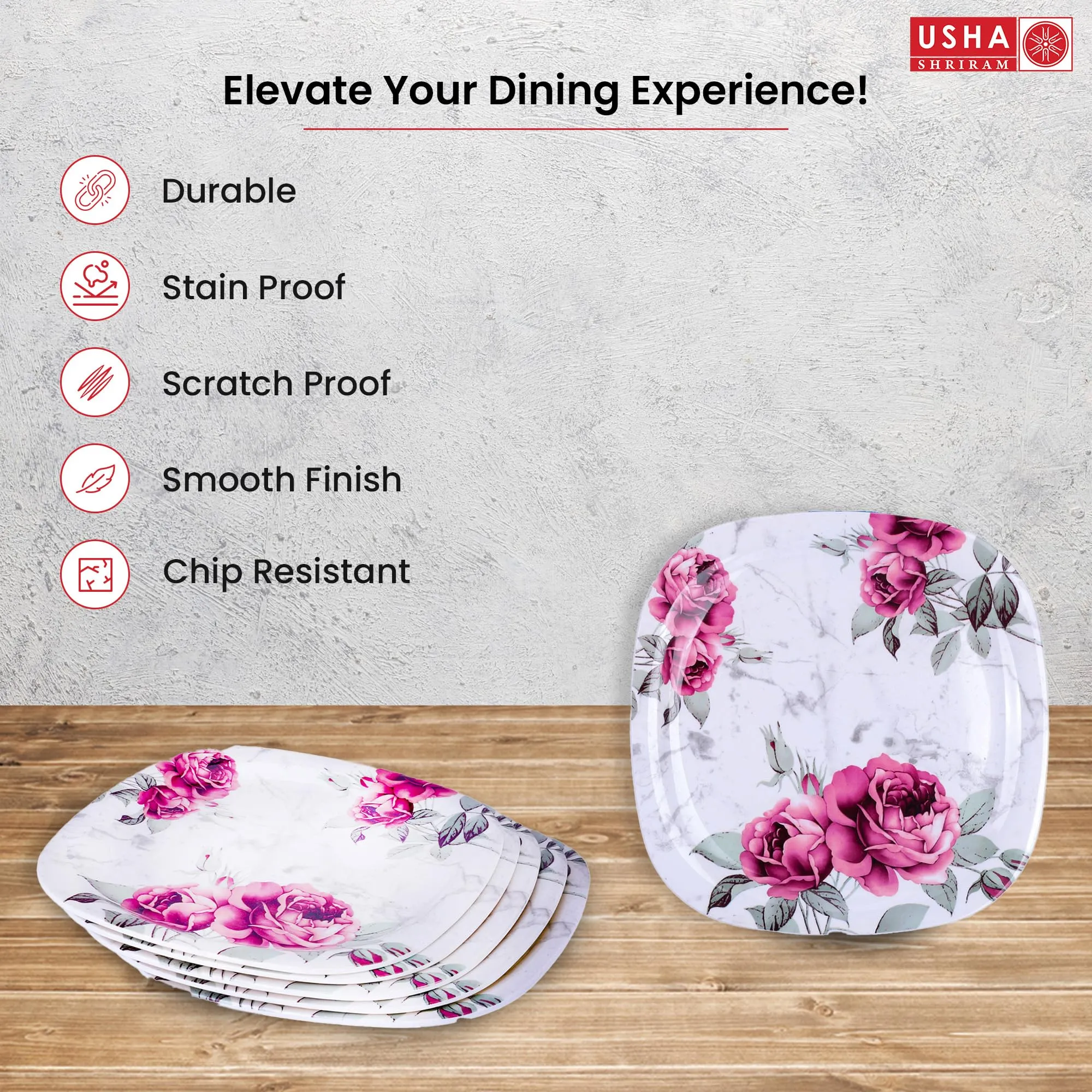 USHA SHRIRAM Melamine 12 Plate Set | Fibre Dinner Set for Family |Melamine Set | Unbreakable | Heat Resistant| Durable| Shatter Resistant| Light Weight| BPA Free (Square - Pink Marble)