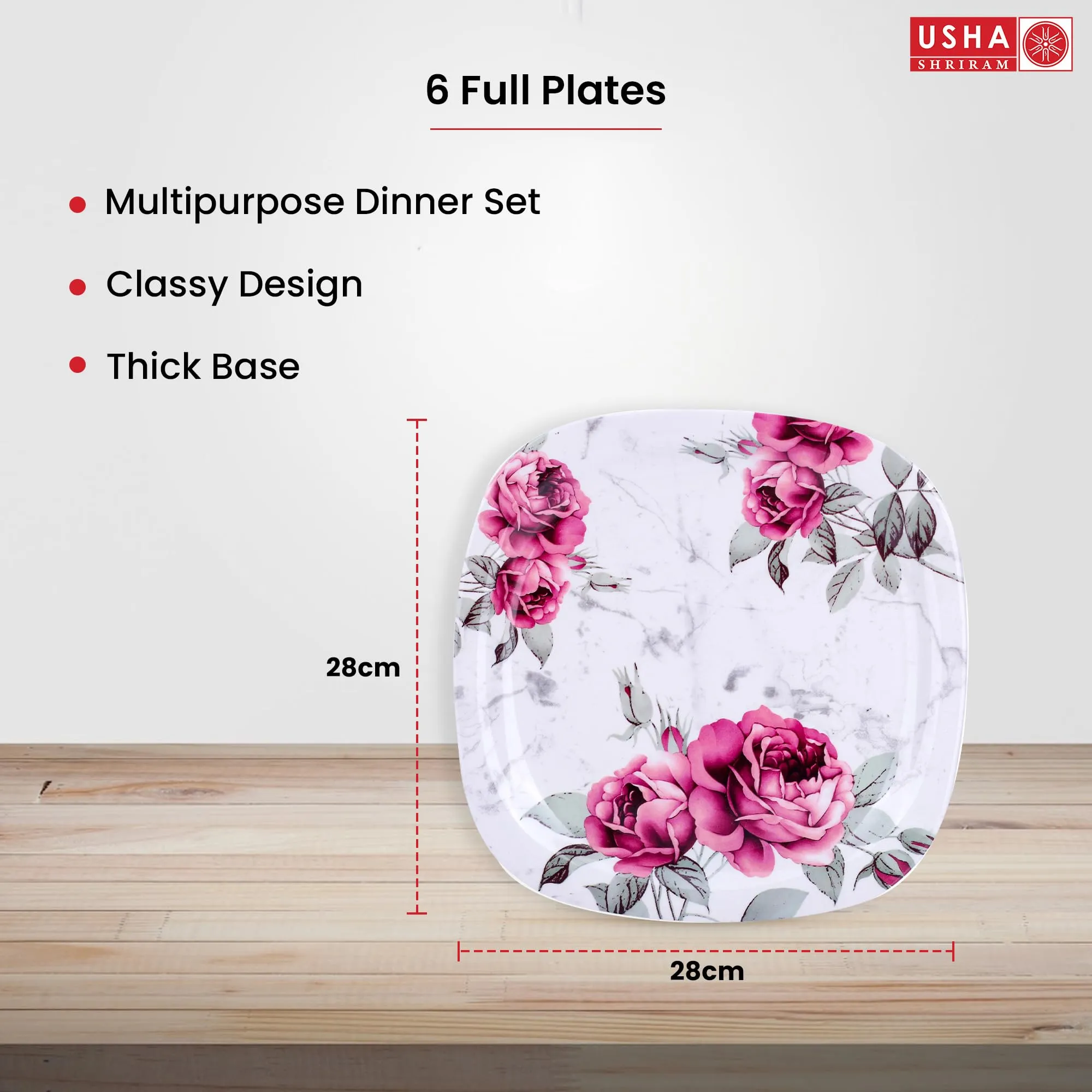 USHA SHRIRAM Melamine 12 Plate Set | Fibre Dinner Set for Family |Melamine Set | Unbreakable | Heat Resistant| Durable| Shatter Resistant| Light Weight| BPA Free (Square - Pink Marble)