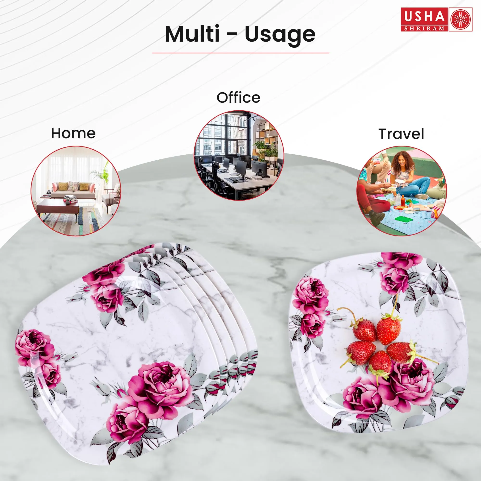 USHA SHRIRAM Melamine 12 Plate Set | Fibre Dinner Set for Family |Melamine Set | Unbreakable | Heat Resistant| Durable| Shatter Resistant| Light Weight| BPA Free (Square - Pink Marble)