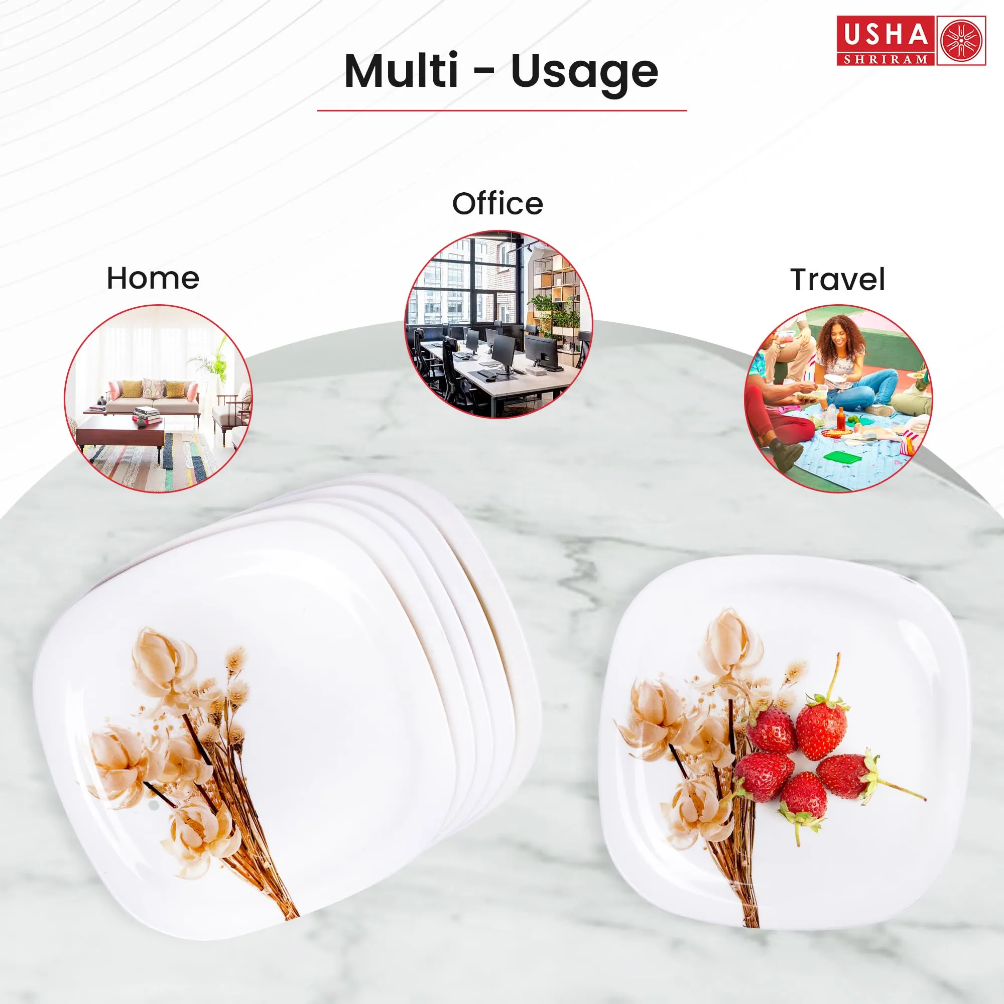 USHA SHRIRAM Melamine 12 Plate Set | Fibre Dinner Set for Family |Melamine Set | Unbreakable | Heat Resistant| Durable| Shatter Resistant| Light Weight| BPA Free (Square - White Rose)