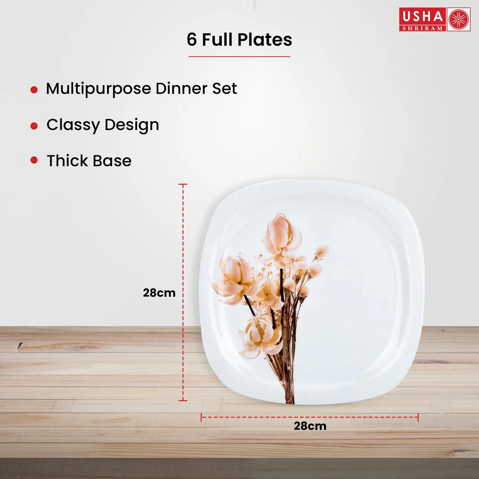 USHA SHRIRAM Melamine 12 Plate Set | Fibre Dinner Set for Family |Melamine Set | Unbreakable | Heat Resistant| Durable| Shatter Resistant| Light Weight| BPA Free (Square - White Rose)