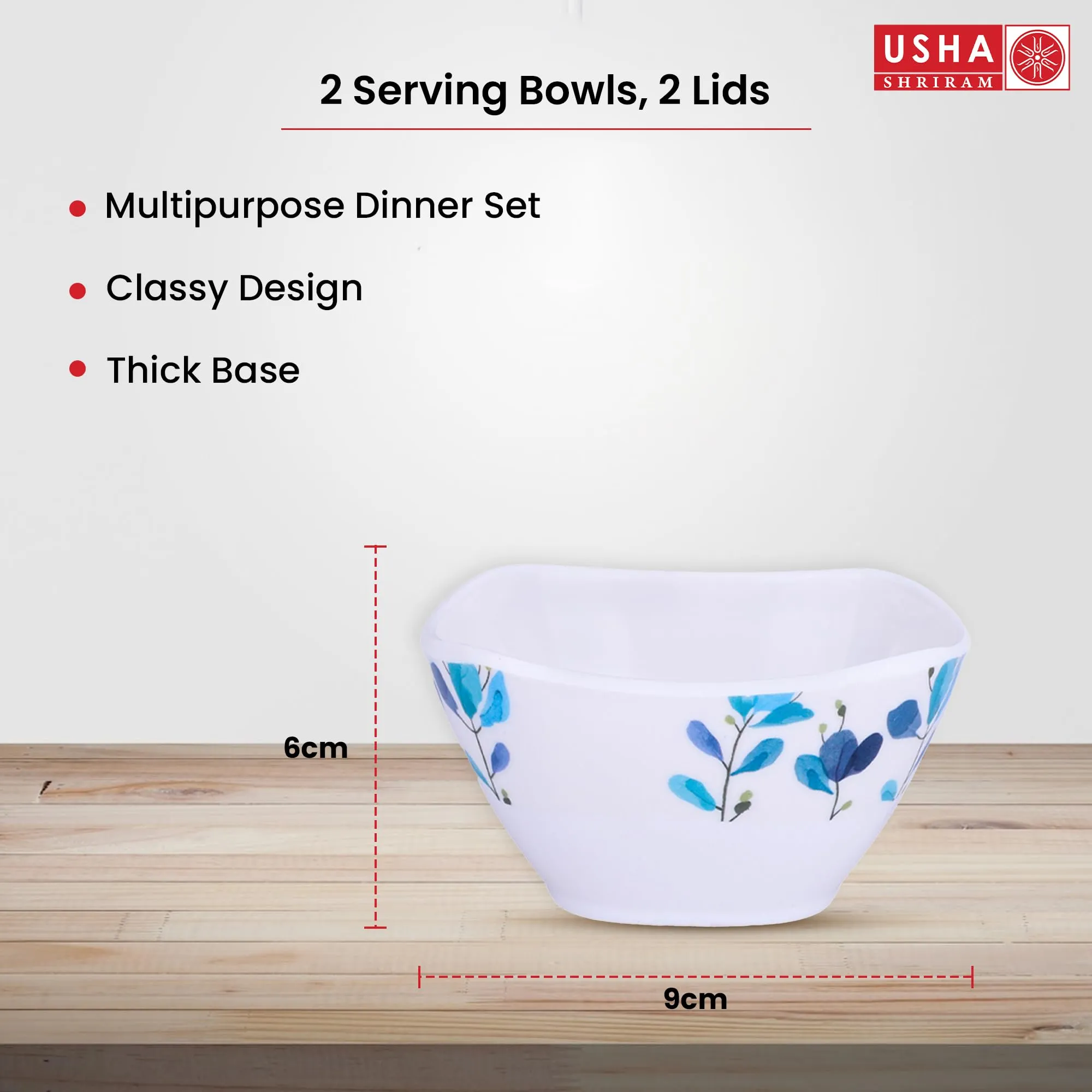 USHA SHRIRAM Melamine (220ml) Square Veg Bowl Set |Fibre Plastic Snack Dessert Vegetable Bowl | Heat Resistant| Durable Shatter Resistant| Light Weight| BPA Free (Blue Flower, 12 Pcs)