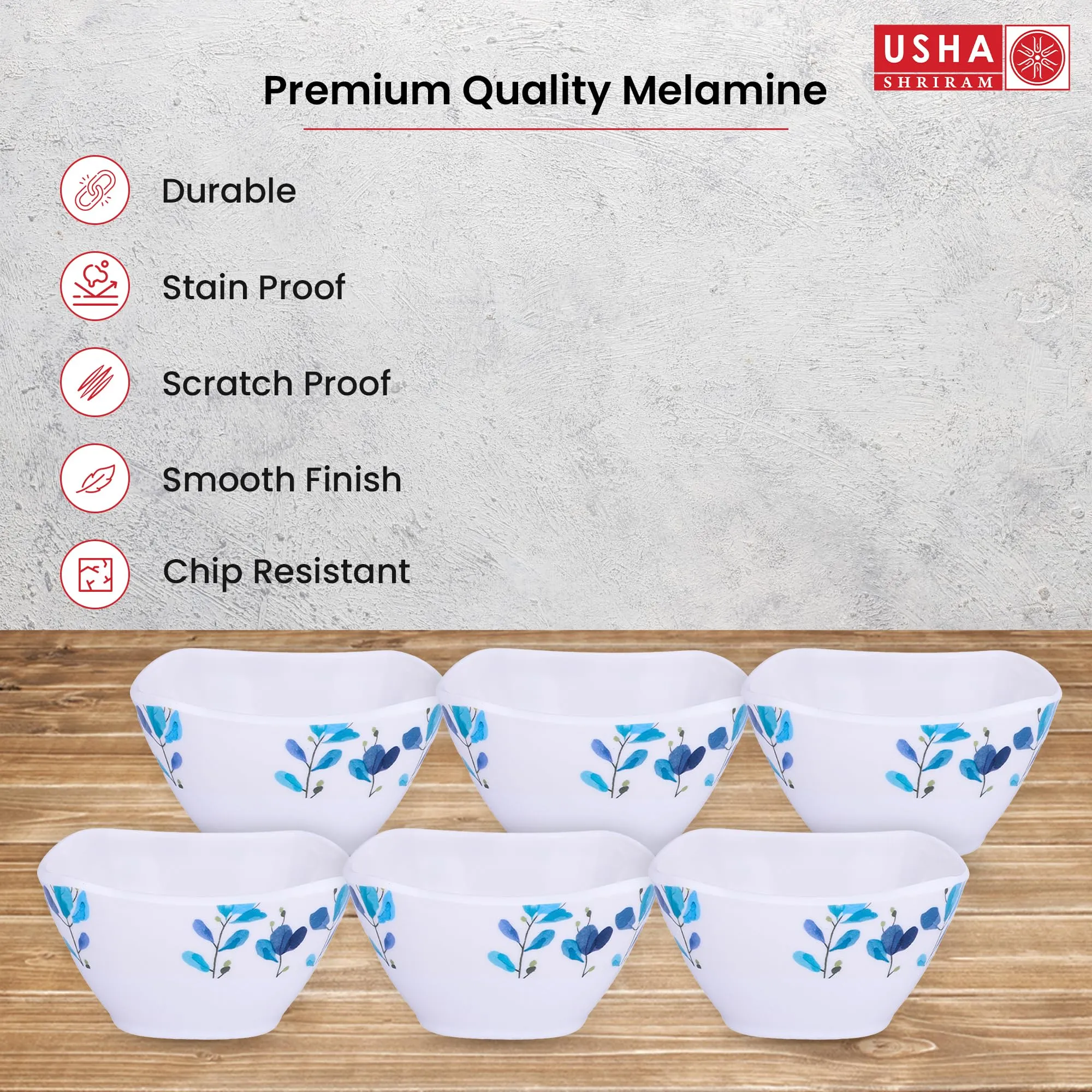 USHA SHRIRAM Melamine (220ml) Square Veg Bowl Set |Fibre Plastic Snack Dessert Vegetable Bowl | Heat Resistant| Durable Shatter Resistant| Light Weight| BPA Free (Blue Flower, 12 Pcs)