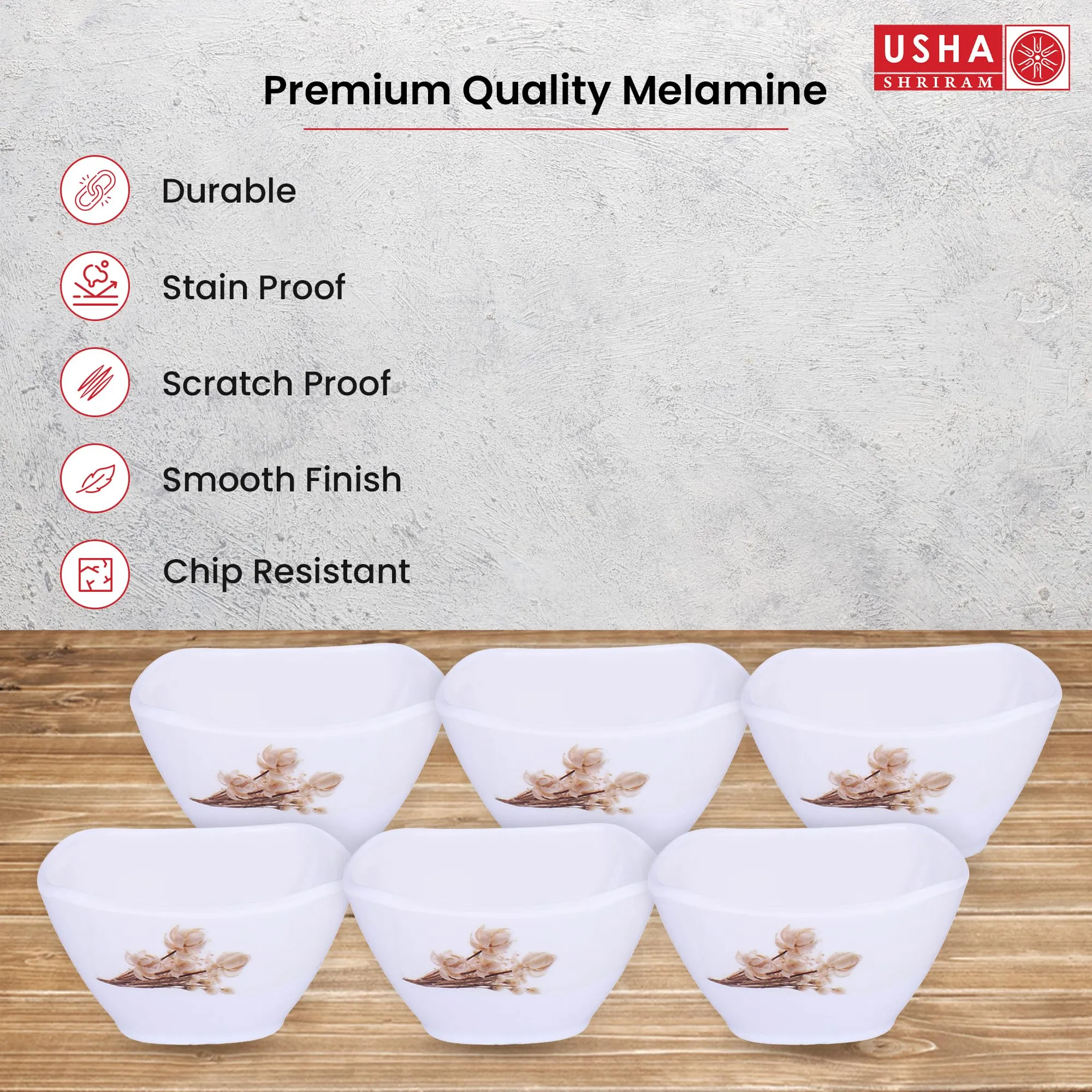 USHA SHRIRAM Melamine (220ml) Square Veg Bowl Set |Fibre Plastic Snack Dessert Vegetable Bowl | Heat Resistant| Durable Shatter Resistant| Light Weight| BPA Free (White Rose, 12 Pcs)