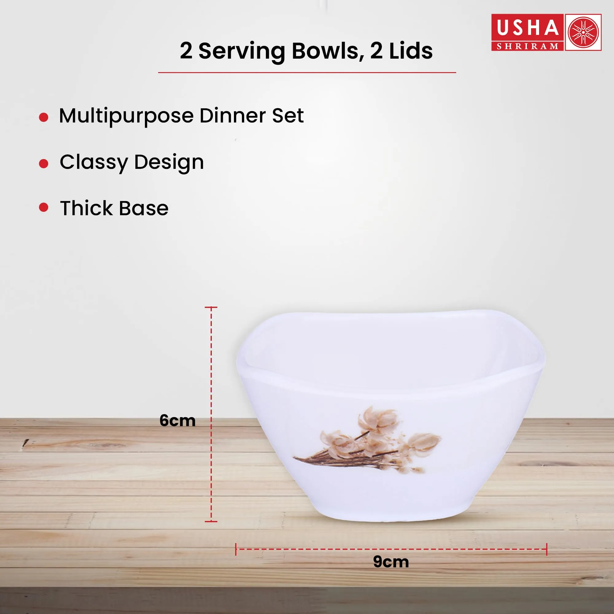 USHA SHRIRAM Melamine (220ml) Square Veg Bowl Set |Fibre Plastic Snack Dessert Vegetable Bowl | Heat Resistant| Durable Shatter Resistant| Light Weight| BPA Free (White Rose, 12 Pcs)