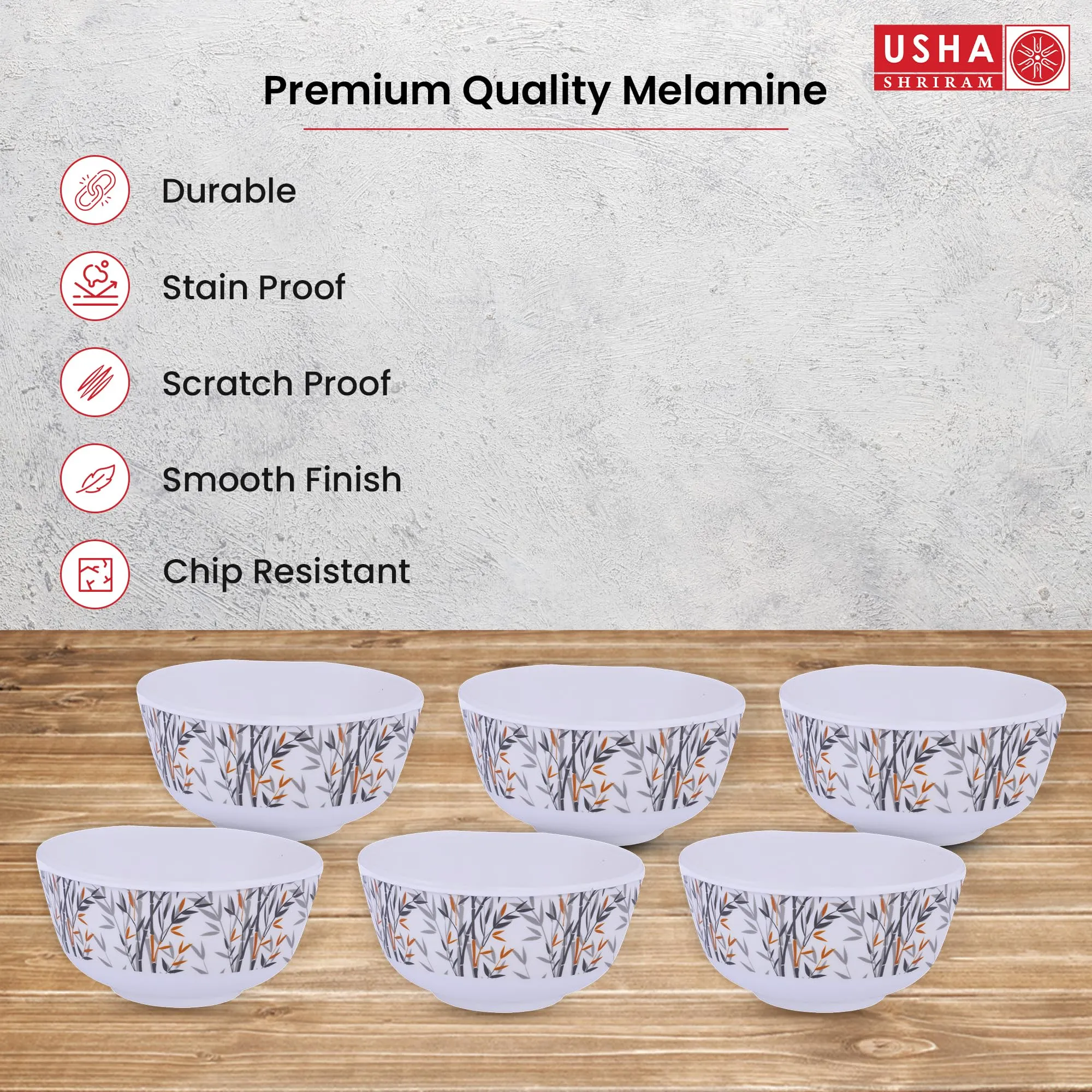 USHA SHRIRAM Melamine (220ml) Veg Bowl Set |Fibre Plastic Snack Dessert Vegetable Bowl | Unbreakable Heat Resistant| Durable Shatter Resistant| Light Weight| BPA Free (Yellow Bamboo, 6 Pcs)