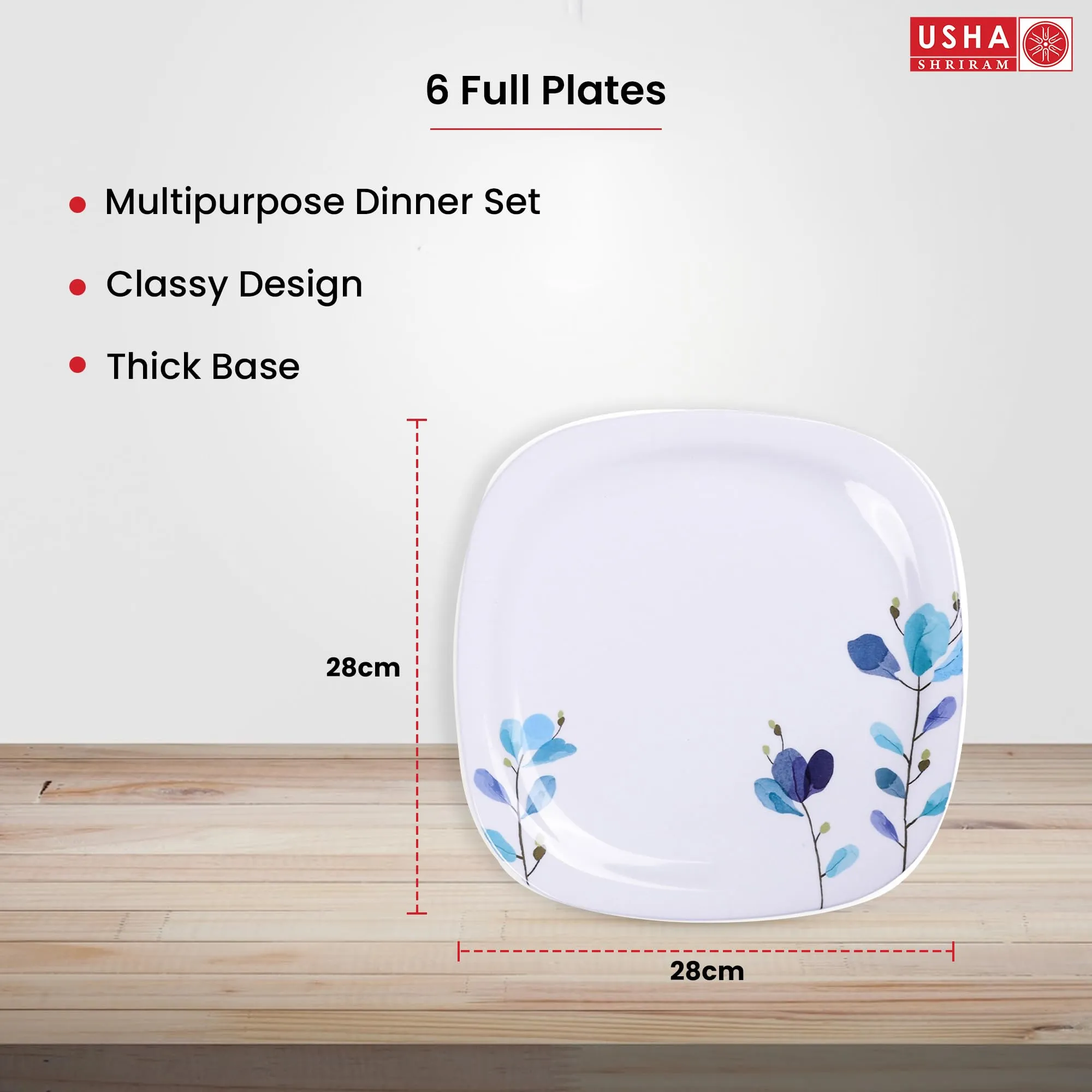 USHA SHRIRAM Melamine 6 Plate Set | Fibre Dinner Set for Family | Melamine Set | Unbreakable | Heat Resistant| Durable| Shatter Resistant | Light Weight| BPA Free (Blue Flower)