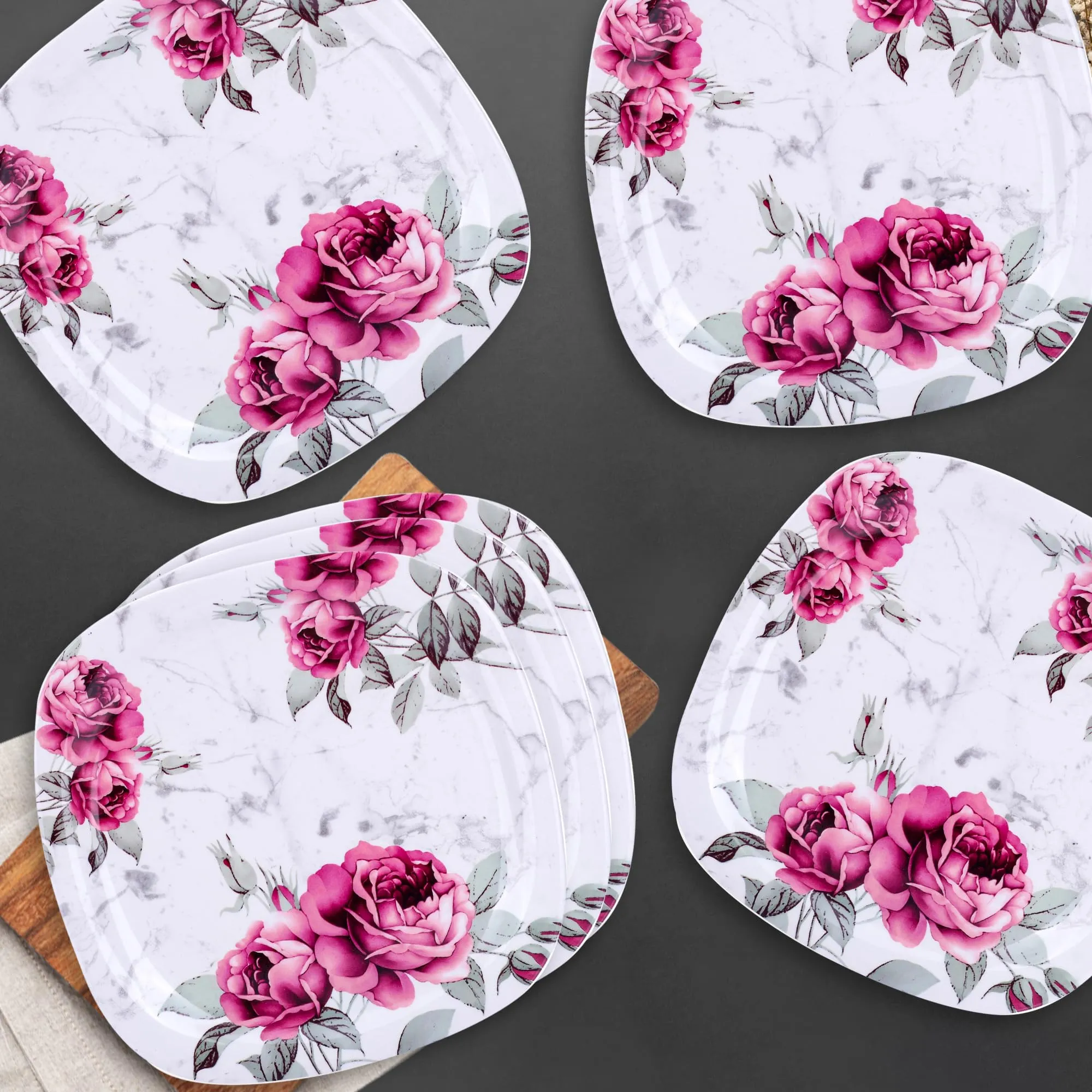 USHA SHRIRAM Melamine 6 Plate Set | Fibre Dinner Set for Family | Melamine Set | Unbreakable | Heat Resistant| Durable| Shatter Resistant | Light Weight| BPA Free (Pink Marble Flower)