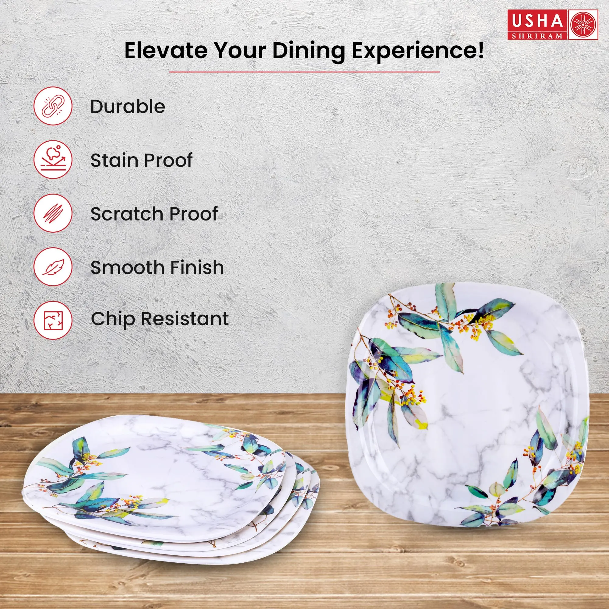 USHA SHRIRAM Melamine 6 Plate Set |Fibre Dinner Set for Family |Melamine Set | Unbreakable | Heat| Resistant| Durable| Shatter| Resistant| Light| Weight| BPA Free (Square - Blue Marble)