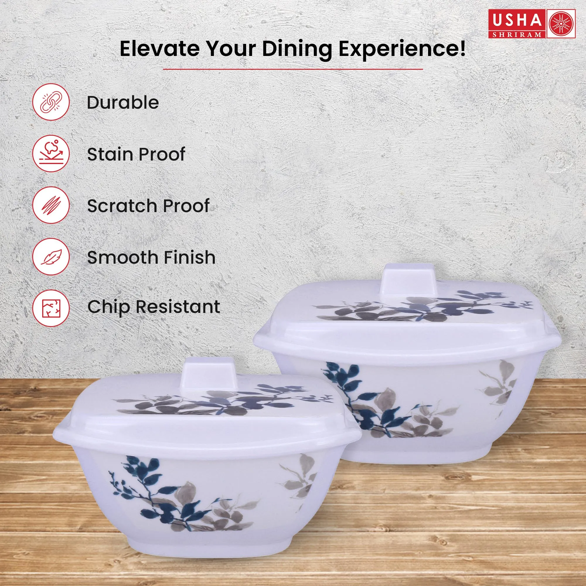 USHA SHRIRAM Melamine Big Serving Bowl with Lid (4 Pcs - 1.4L each) | Rice Bowl for Serving | Unbreakable | Heat Resistant | Mixing Bowl with Lid | Light Weight | BPA Free (Blue Bail)