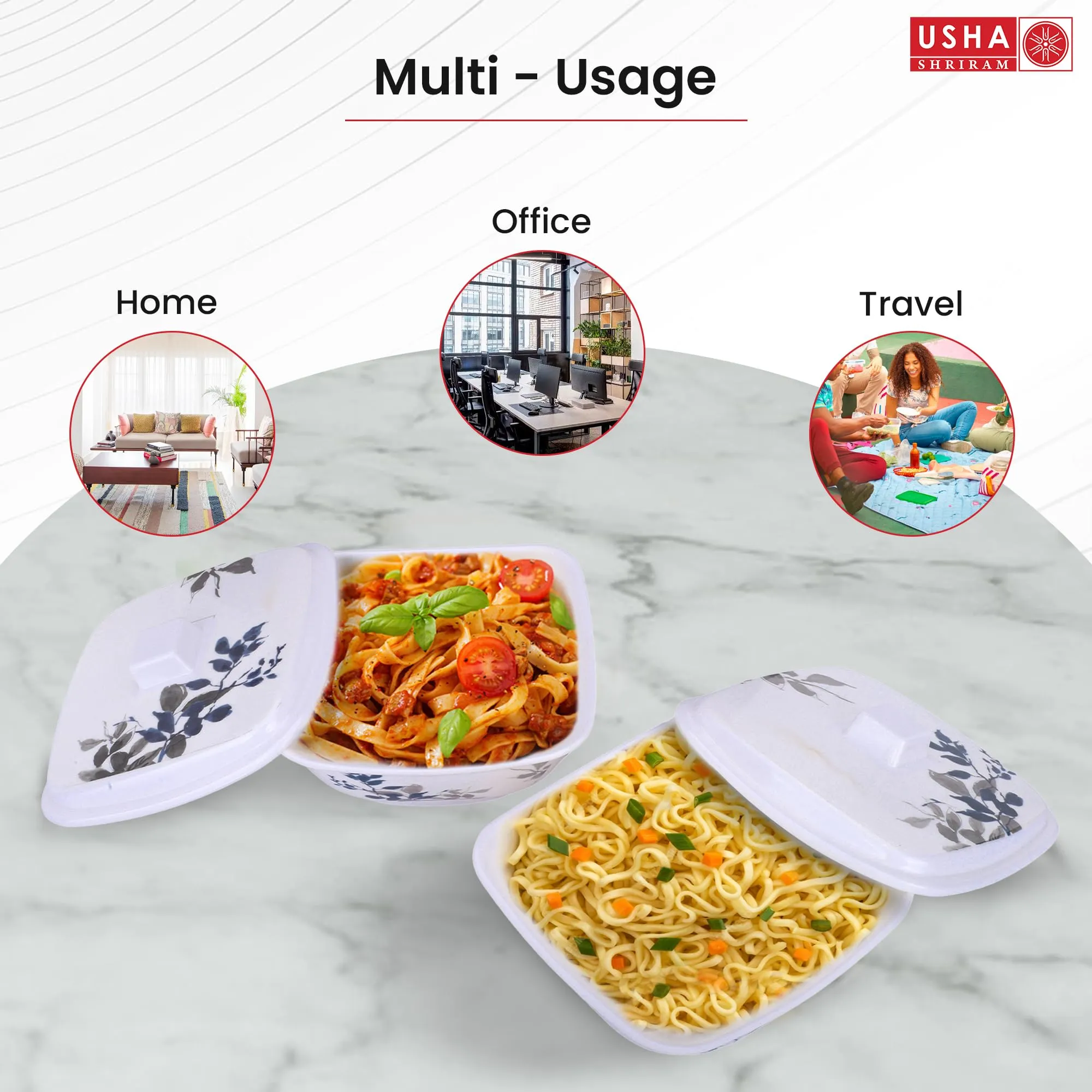 USHA SHRIRAM Melamine Big Serving Bowl with Lid (4 Pcs - 1.4L each) | Rice Bowl for Serving | Unbreakable | Heat Resistant | Mixing Bowl with Lid | Light Weight | BPA Free (Blue Bail)