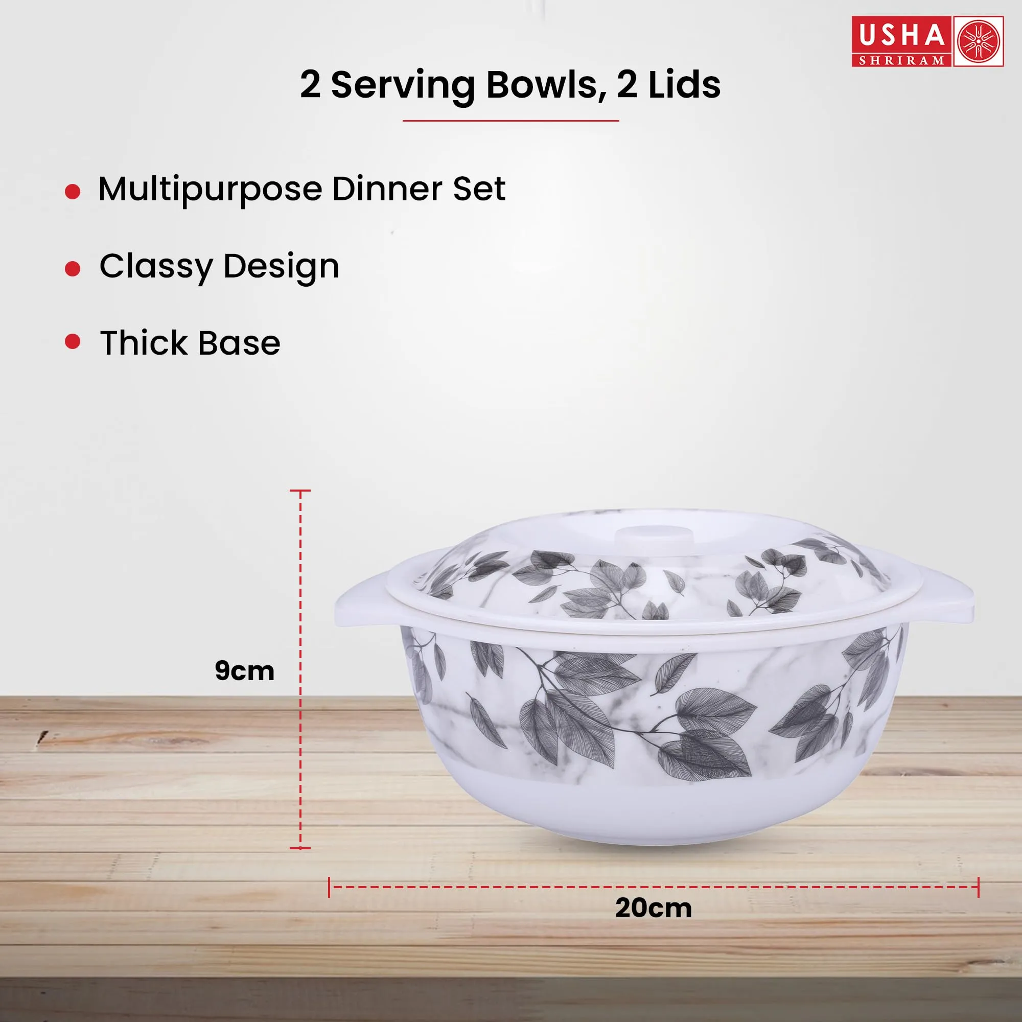 USHA SHRIRAM Melamine Serving Bowl (2Pcs - 1.4L) | Fibre Dinner Set for Family | Unbreakable | Heat Resistant| Durable Shatter Resistant | Light Weight | BPA Free (Black Marble Flower)