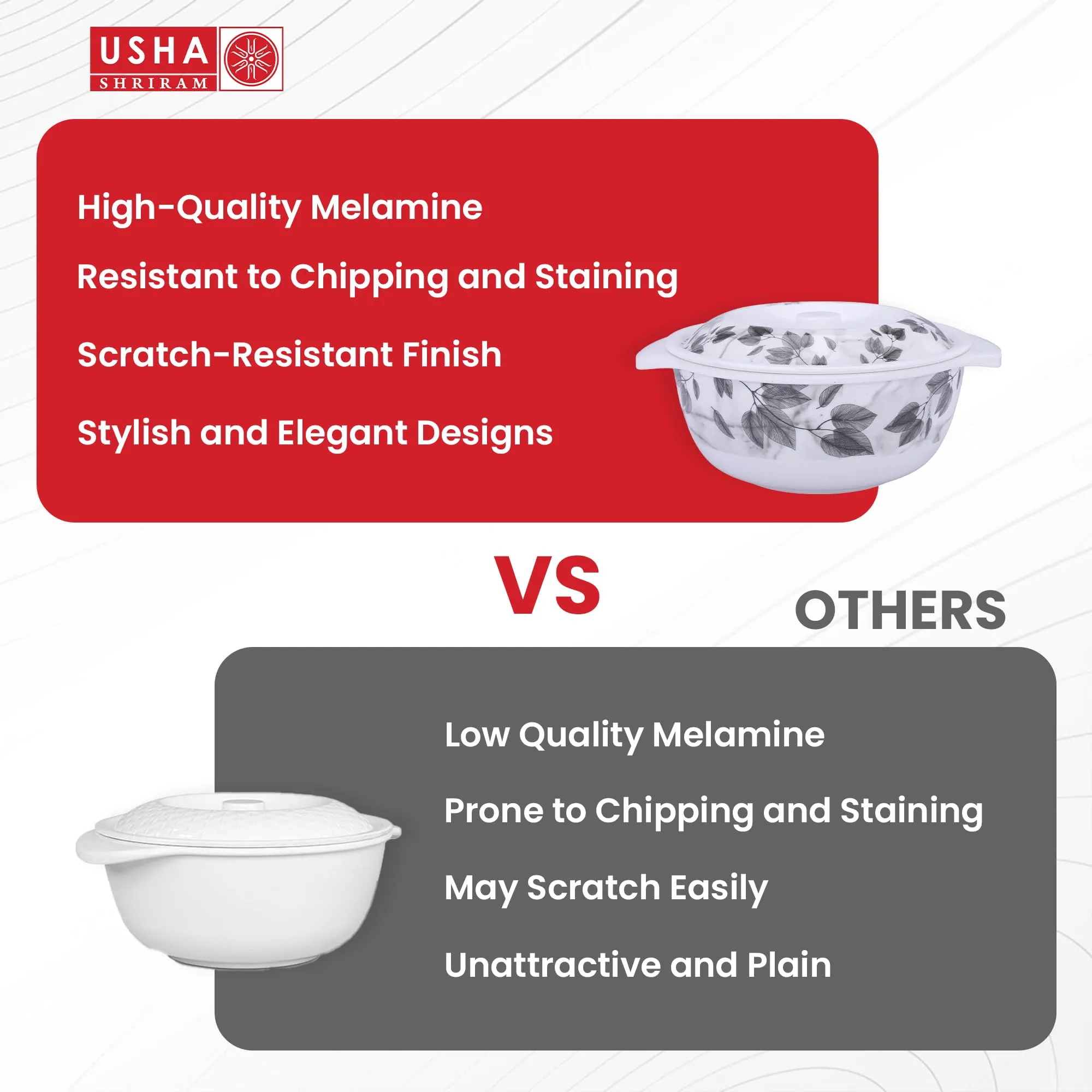 USHA SHRIRAM Melamine Serving Bowl (2Pcs - 1.4L) | Fibre Dinner Set for Family | Unbreakable | Heat Resistant| Durable Shatter Resistant | Light Weight | BPA Free (Black Marble Flower)