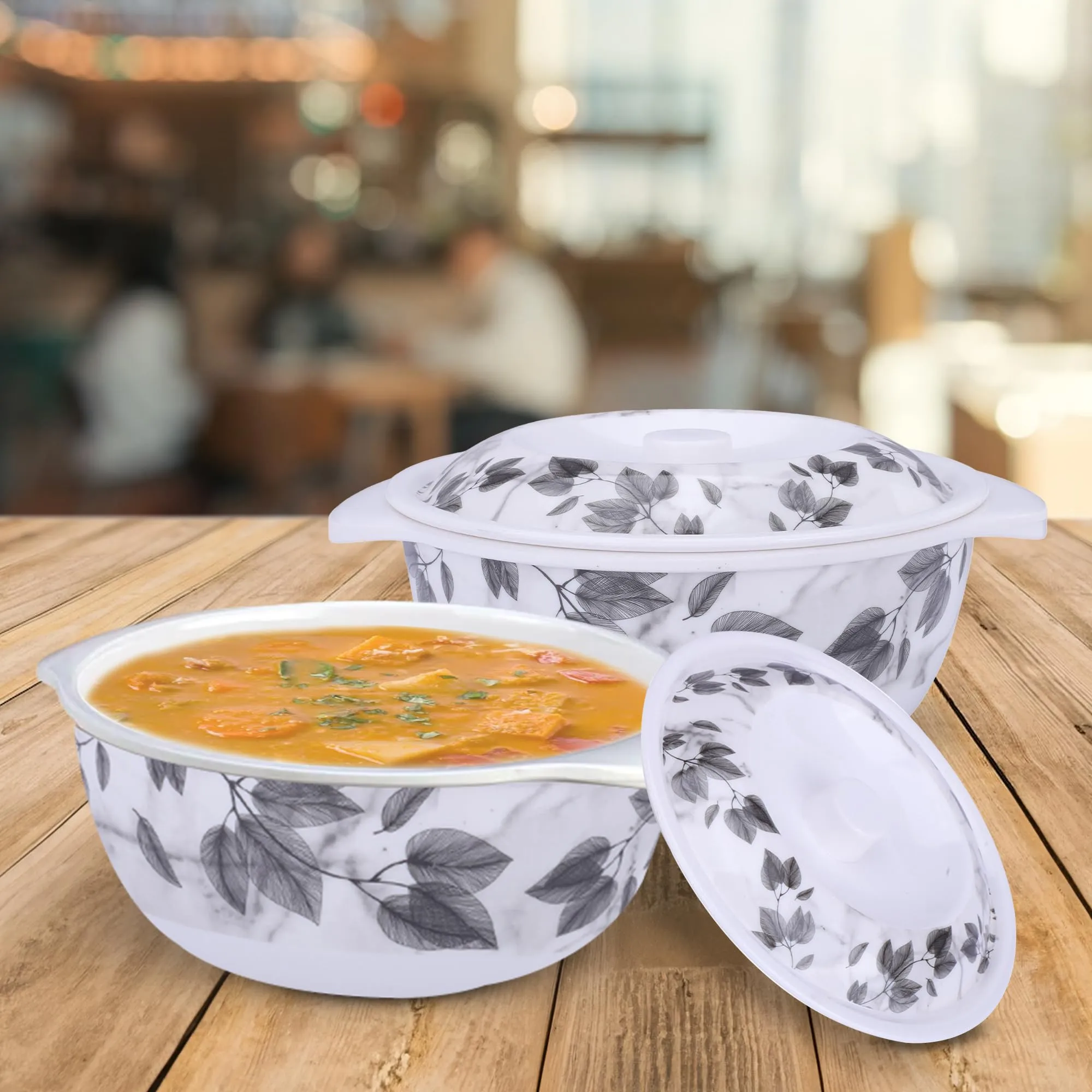 USHA SHRIRAM Melamine Serving Bowl (2Pcs - 1.4L) | Fibre Dinner Set for Family | Unbreakable | Heat Resistant| Durable Shatter Resistant | Light Weight | BPA Free (Black Marble Flower)