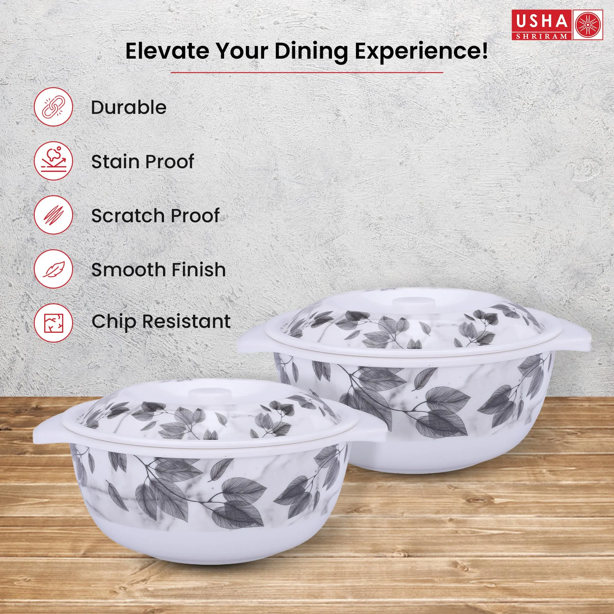 USHA SHRIRAM Melamine Serving Bowl (2Pcs - 1.4L) | Fibre Dinner Set for Family | Unbreakable | Heat Resistant| Durable Shatter Resistant | Light Weight | BPA Free (Black Marble Flower)