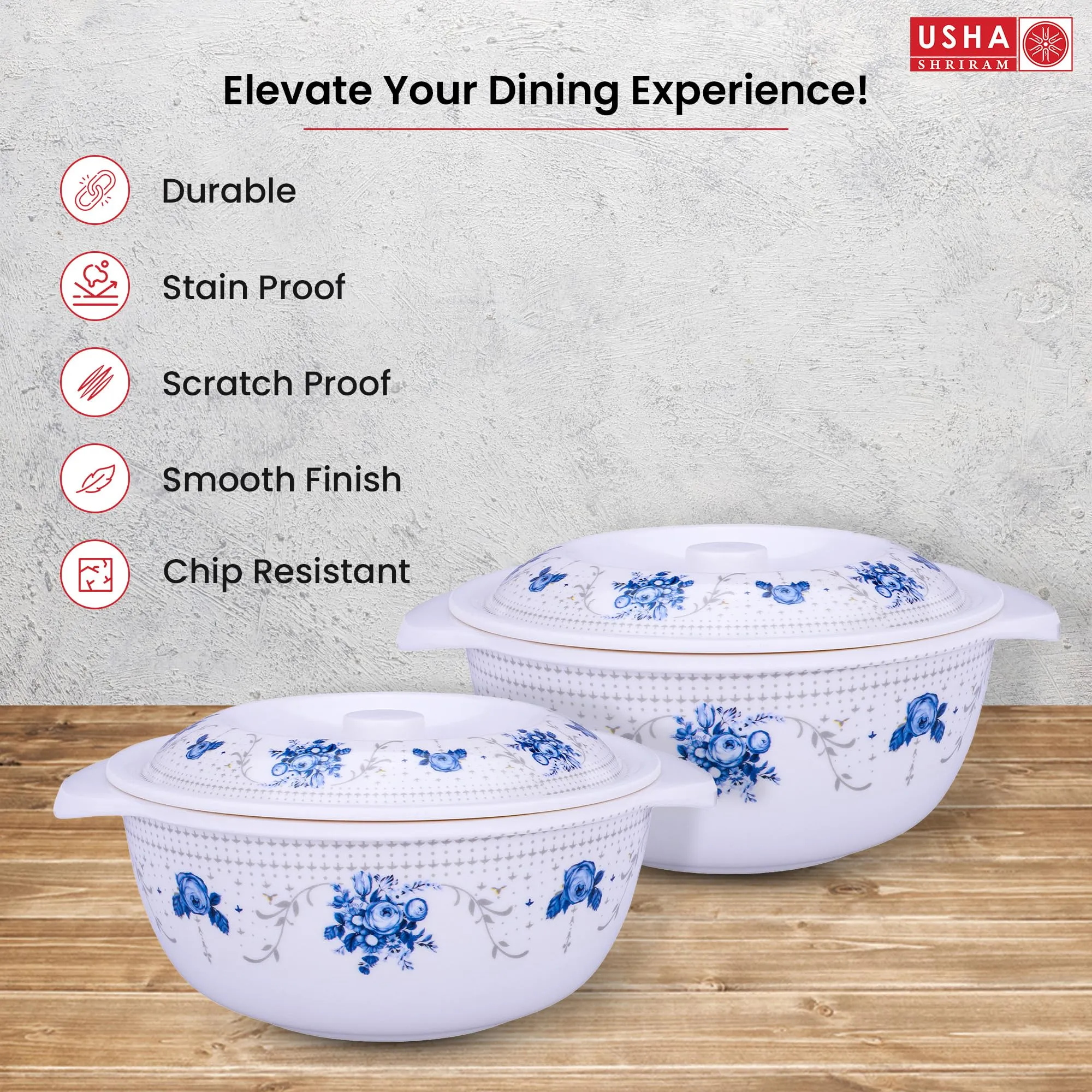 USHA SHRIRAM Melamine Serving Bowl with Lid (2Pcs - 1.4L Each) | Fibre Dinner Set for Family | Unbreakable | Heat Resistant | Durable Shatter Resistant | Light Weight | BPA Free (Corel Blue)