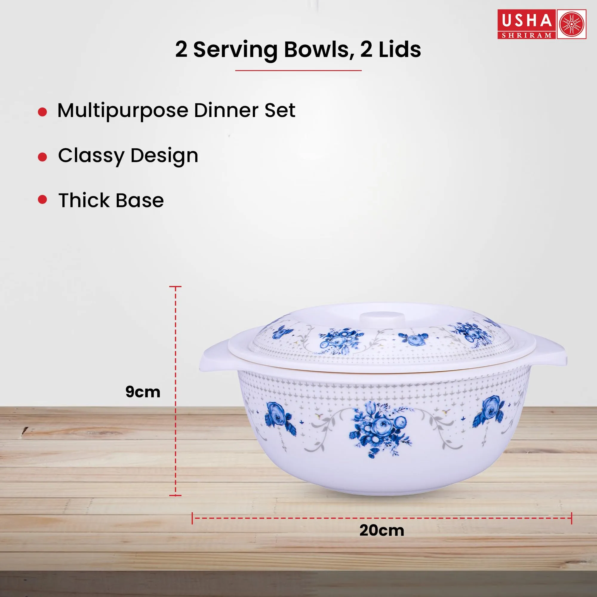 USHA SHRIRAM Melamine Serving Bowl with Lid (2Pcs - 1.4L Each) | Fibre Dinner Set for Family | Unbreakable | Heat Resistant | Durable Shatter Resistant | Light Weight | BPA Free (Corel Blue)