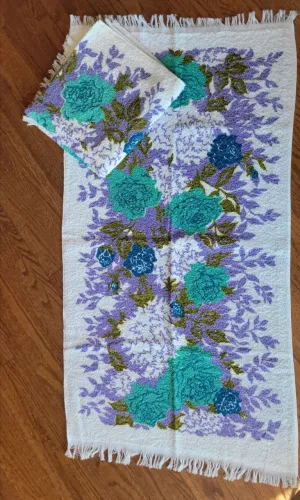 Vintage Towel Set Lilac & Teal flowers