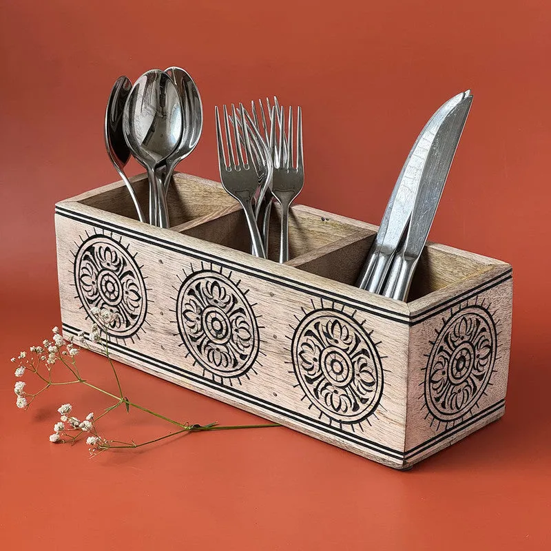 Wooden Carved Cutlery Holder | Black