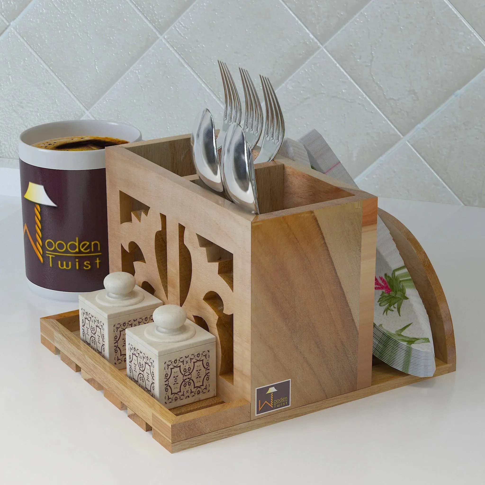 Wooden Twist Neos Teak Wood Cutlery and Tissue Holder ( Natural )